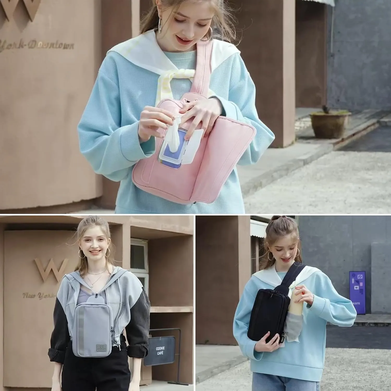MYHOZEE 2 in 1 Sling Crossbody Bags for Women Nylon Diaper Bag Backpack Purse with Water Bottle Pocket and Wipes Pouch Small Cross Body Bag for Woman Front Chest Shoulder Purses Travel Everyday Bag