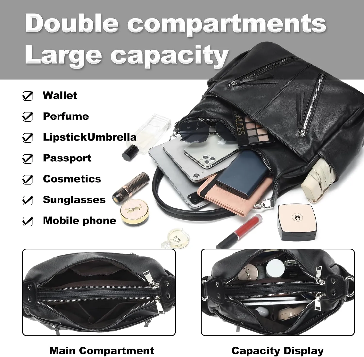 MYHOZEE Hobo Bags for Women, Vegan Leather Black Crossbody Purse and Handbags Trendy Designer Satchel Shoulder Bags