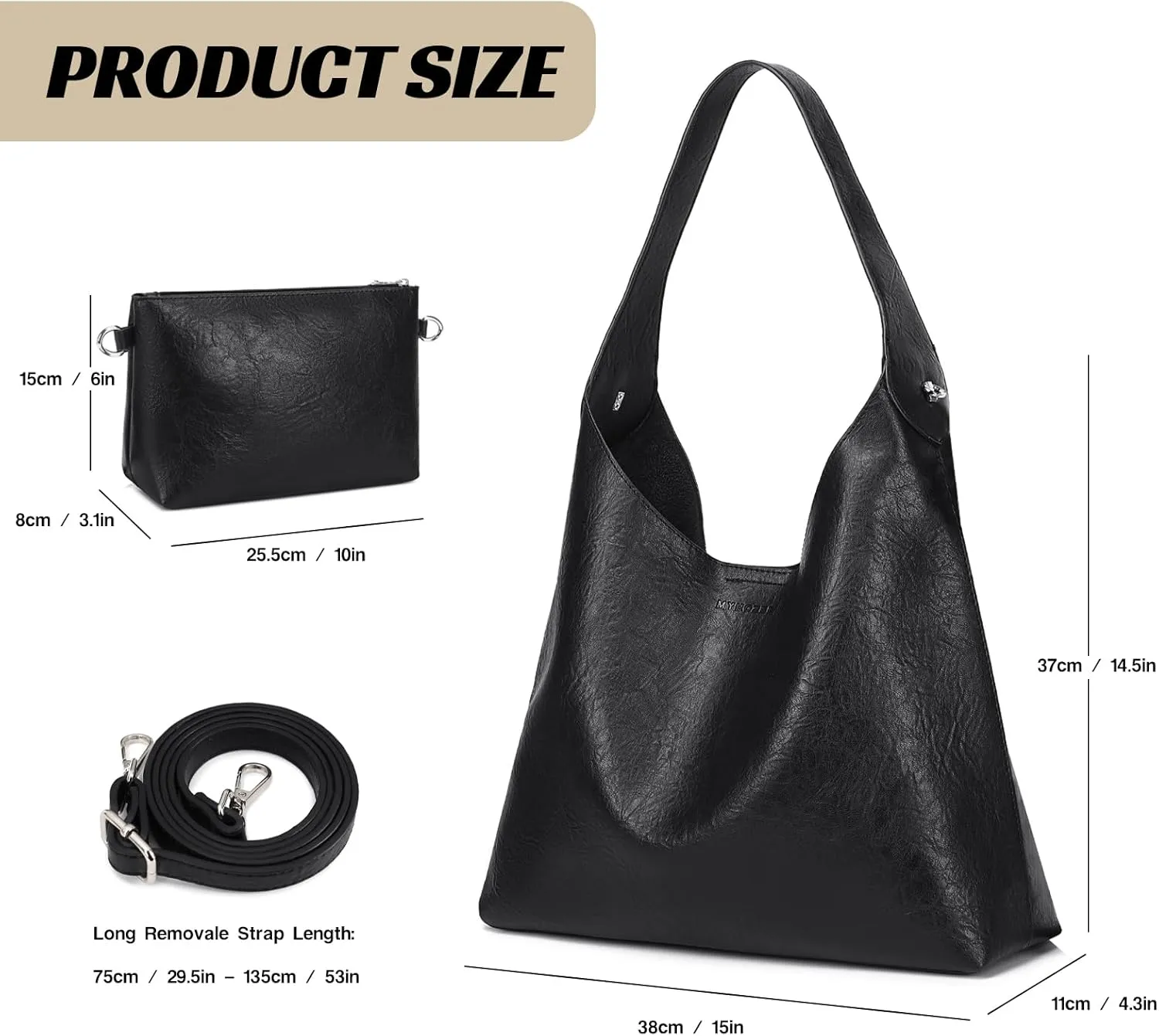 MYHOZEE Large Hobo Bags for Women Soft Leather Tote Bag Set of 2 Crossbody Shoulder Bag Slouch Purse with Removable Strap