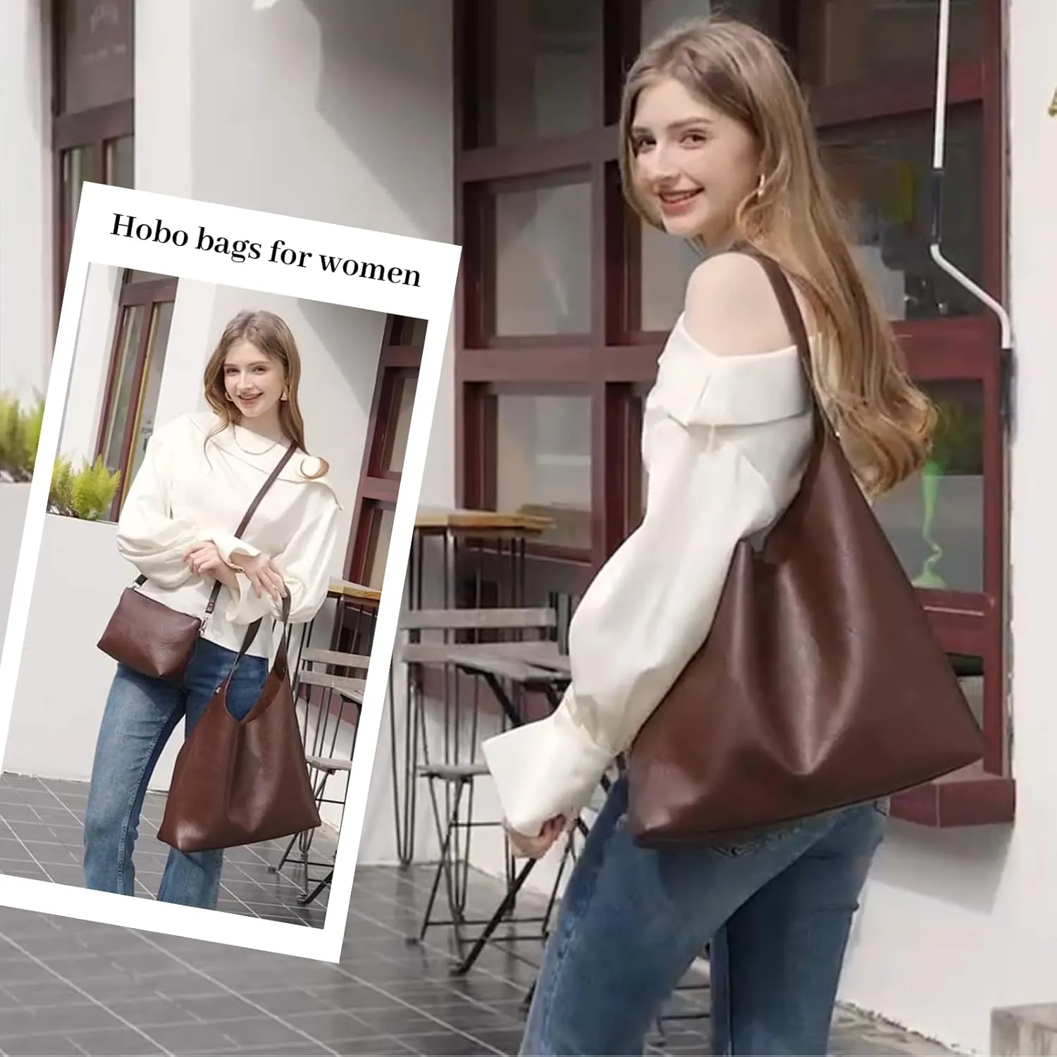 MYHOZEE Large Hobo Bags for Women Soft Leather Tote Bag Set of 2 Crossbody Shoulder Bag Slouch Purse with Removable Strap