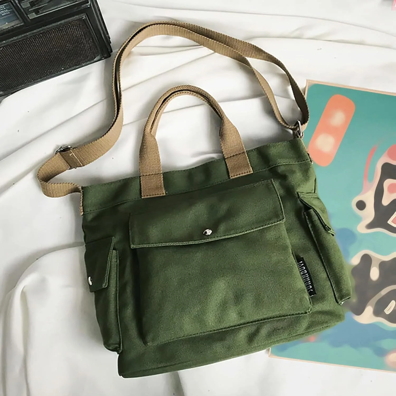 New Canvas Solid Color Simple Fashion One Shoulder Messenger Bag Bag for Men Shoulder Bags (Green, One Size)