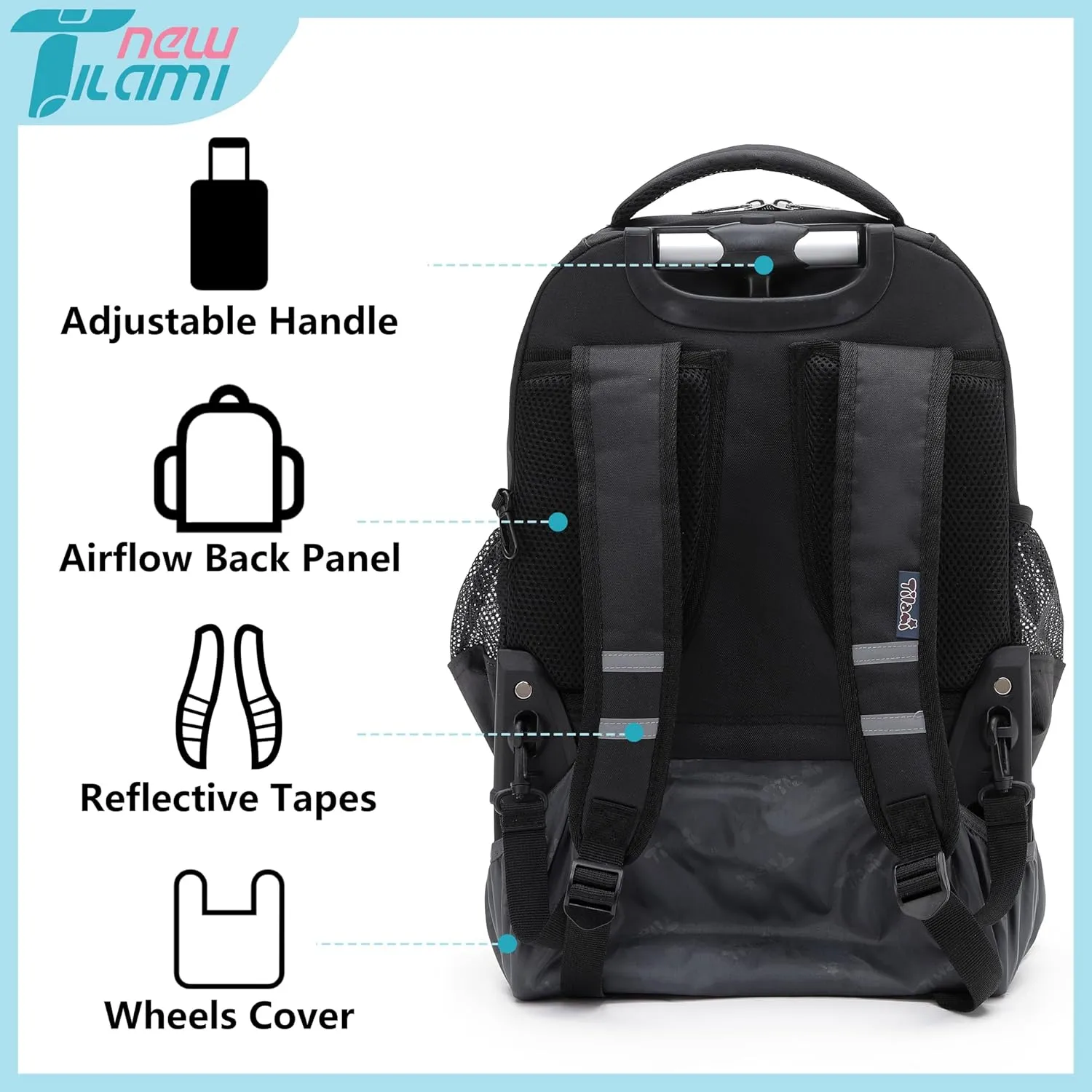 NEW TILAMI 16 Inches Rolling Backpack Boys&Girls Wheeled Backpack School Travel Student Bag Kids Rolling Backpack, Black
