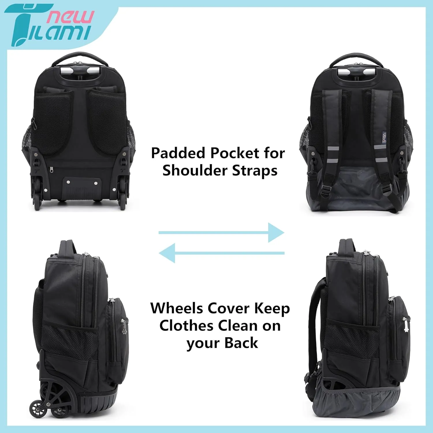 NEW TILAMI 16 Inches Rolling Backpack Boys&Girls Wheeled Backpack School Travel Student Bag Kids Rolling Backpack, Black