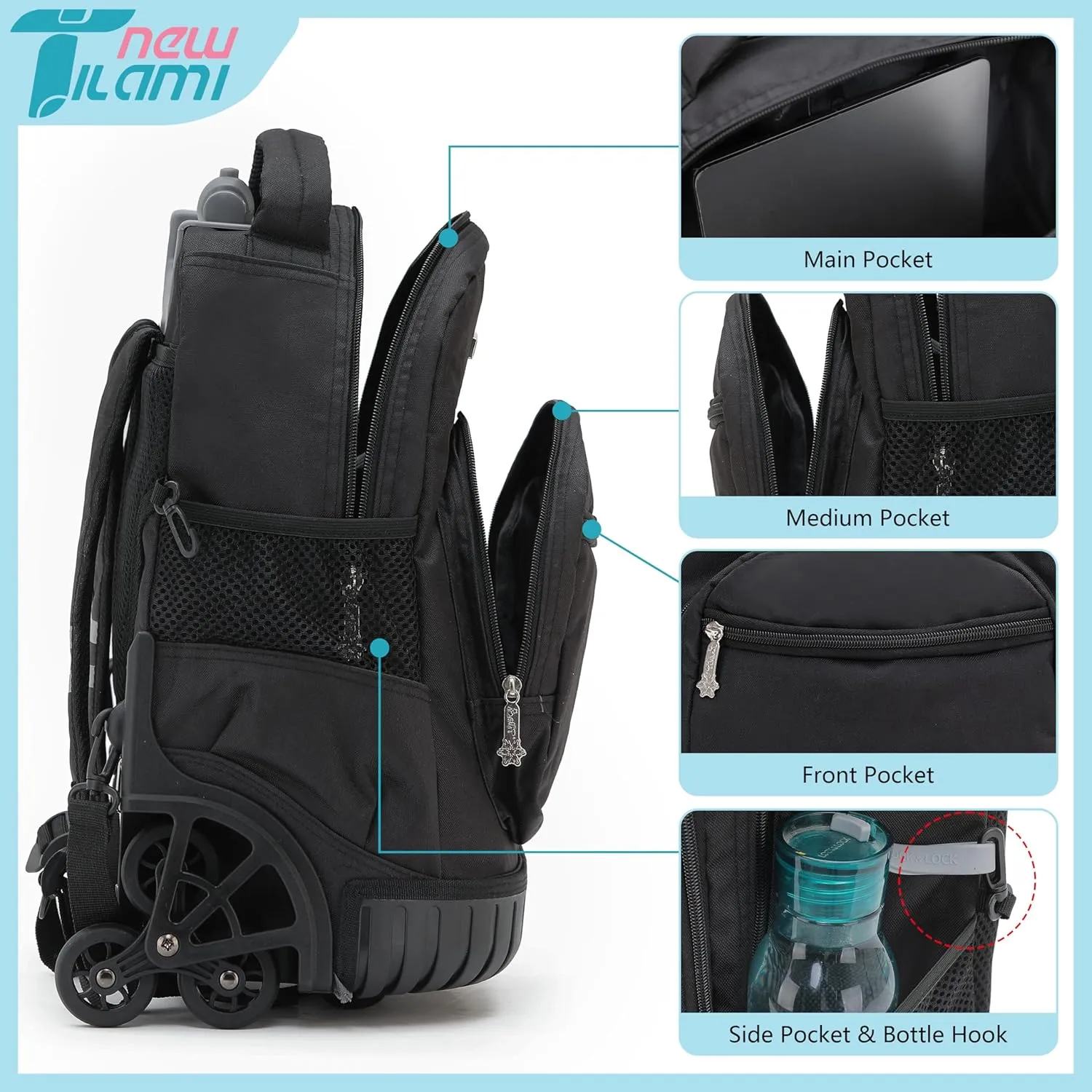 NEW TILAMI 16 Inches Rolling Backpack Boys&Girls Wheeled Backpack School Travel Student Bag Kids Rolling Backpack, Black