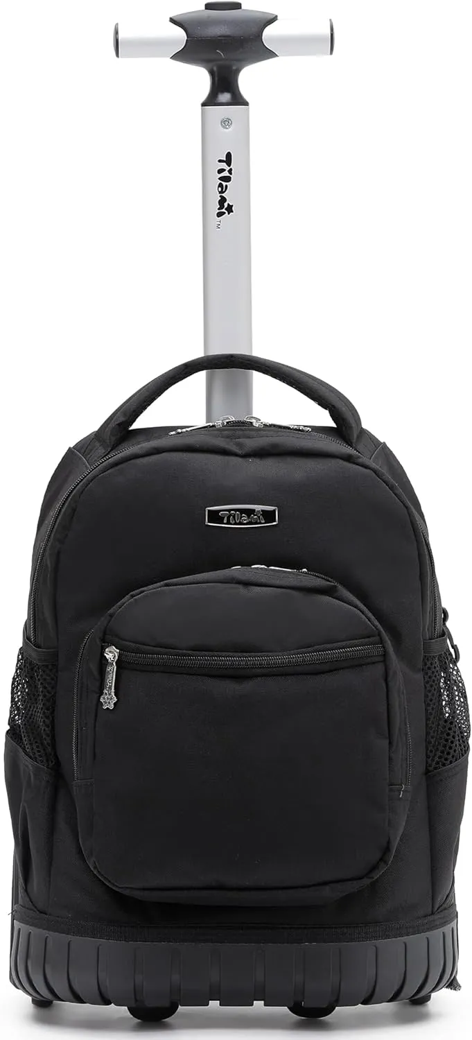 NEW TILAMI 16 Inches Rolling Backpack Boys&Girls Wheeled Backpack School Travel Student Bag Kids Rolling Backpack, Black