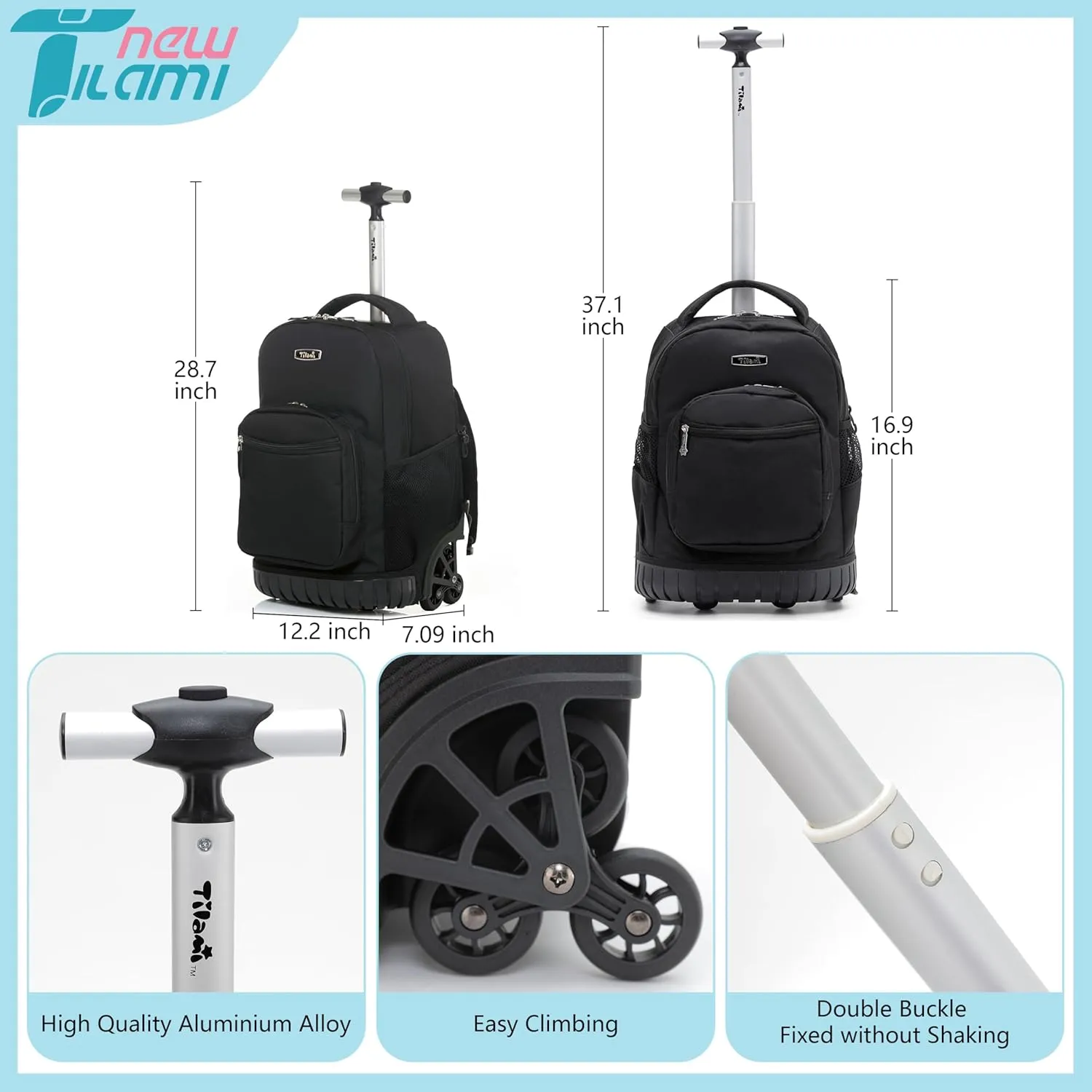 NEW TILAMI 16 Inches Rolling Backpack Boys&Girls Wheeled Backpack School Travel Student Bag Kids Rolling Backpack, Black