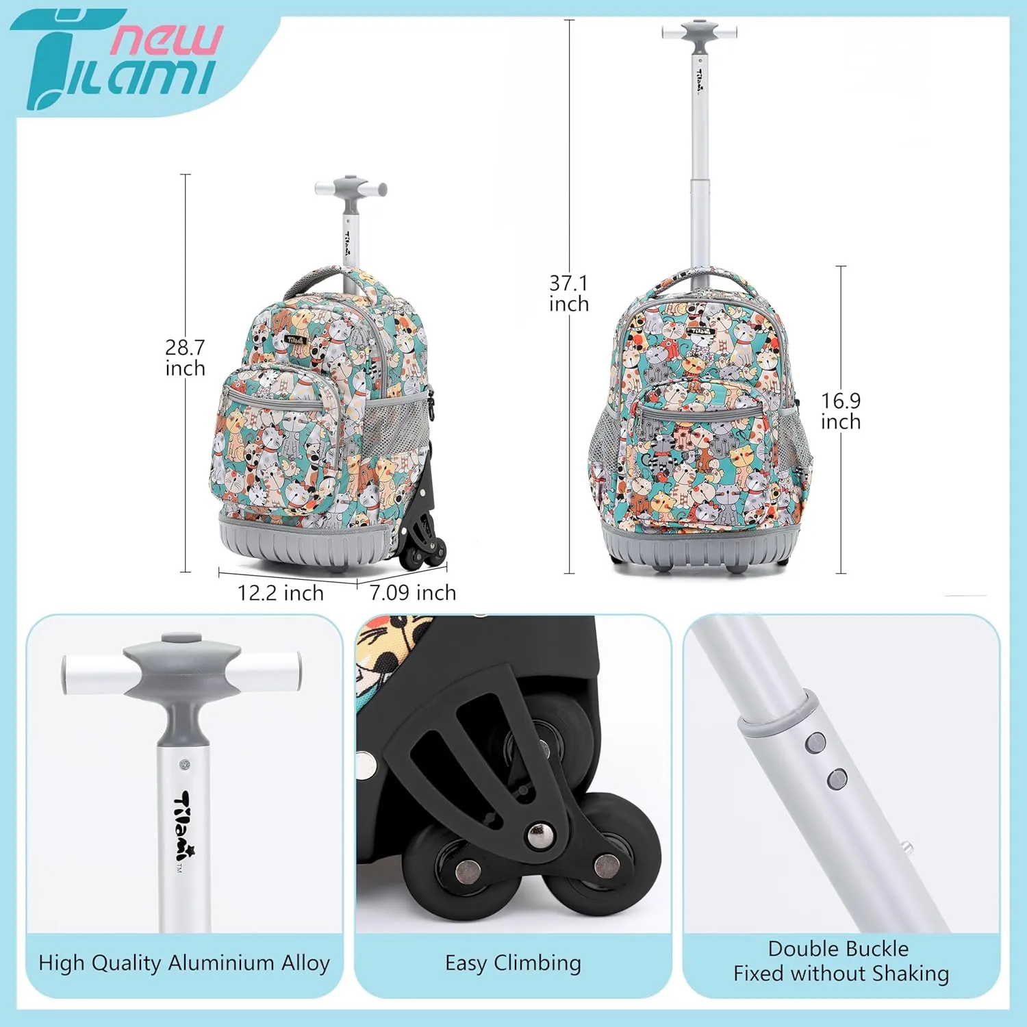 NEW TILAMI 16 Inches Rolling Backpack for Kids, Adjustable Laptop Kid Luggage Backpack with Wheels for Girl Boy to School Travel Camping Boys Rolling Backpack Cats Pattern