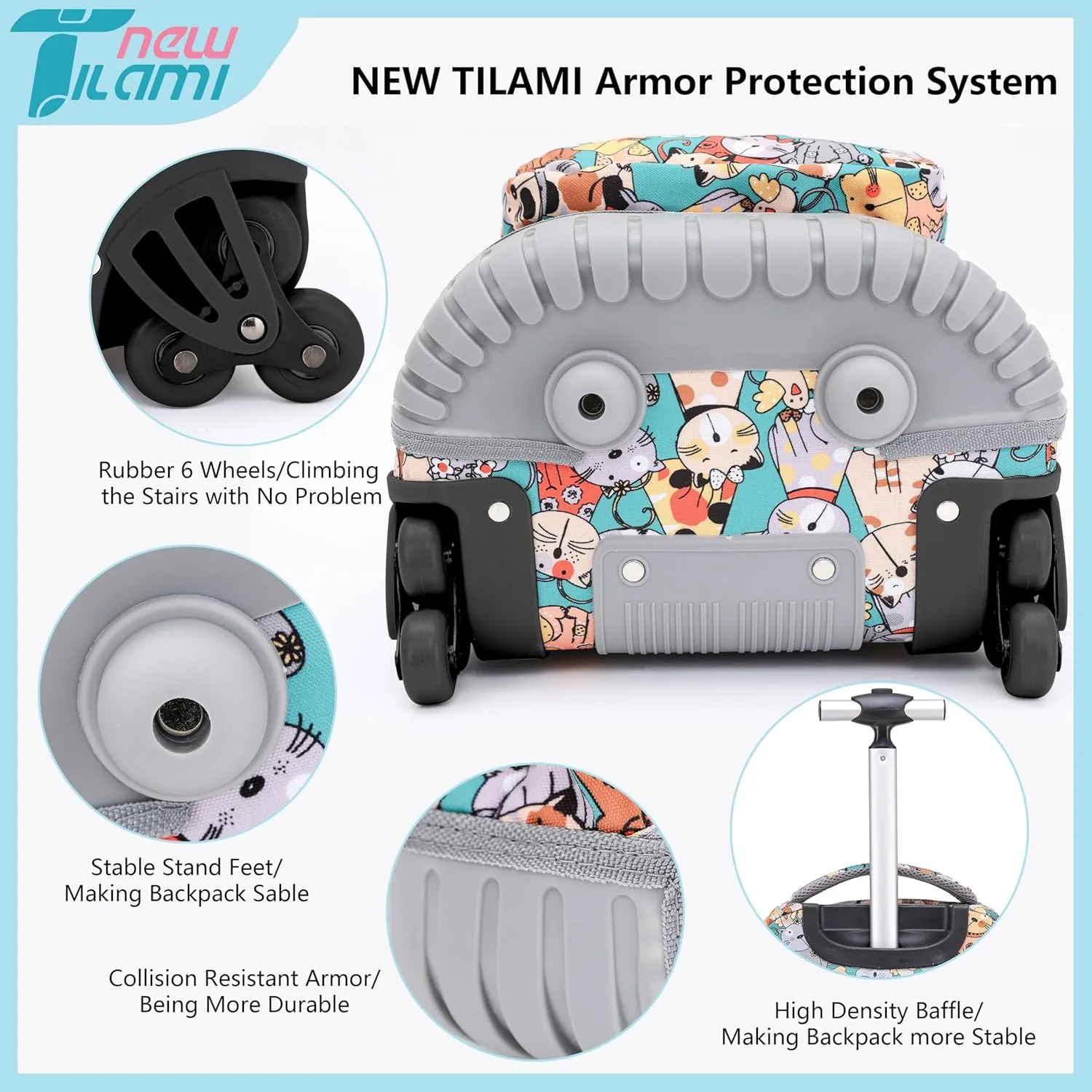 NEW TILAMI 16 Inches Rolling Backpack for Kids, Adjustable Laptop Kid Luggage Backpack with Wheels for Girl Boy to School Travel Camping Boys Rolling Backpack Cats Pattern