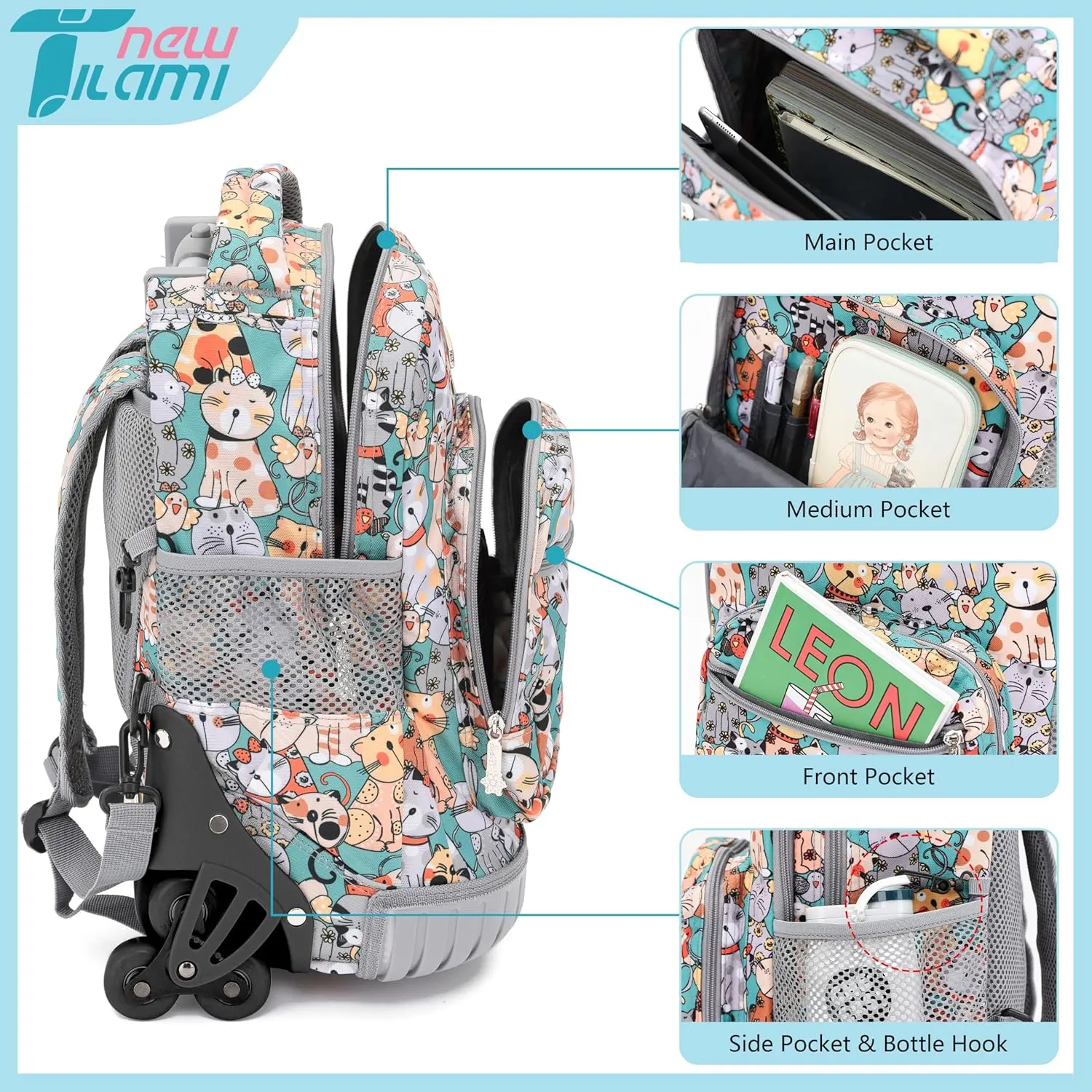 NEW TILAMI 16 Inches Rolling Backpack for Kids, Adjustable Laptop Kid Luggage Backpack with Wheels for Girl Boy to School Travel Camping Boys Rolling Backpack Cats Pattern