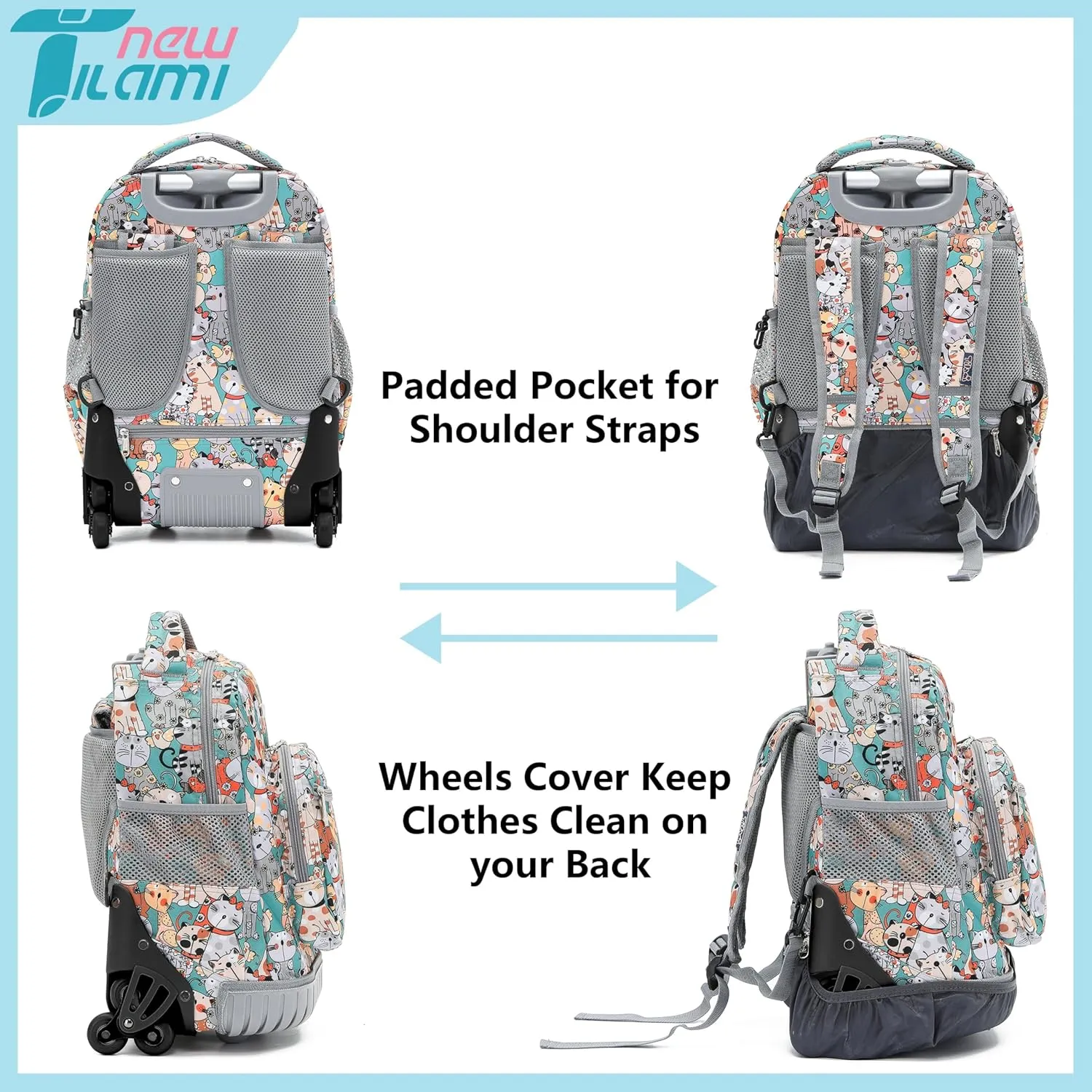 NEW TILAMI 16 Inches Rolling Backpack for Kids, Adjustable Laptop Kid Luggage Backpack with Wheels for Girl Boy to School Travel Camping Boys Rolling Backpack Cats Pattern