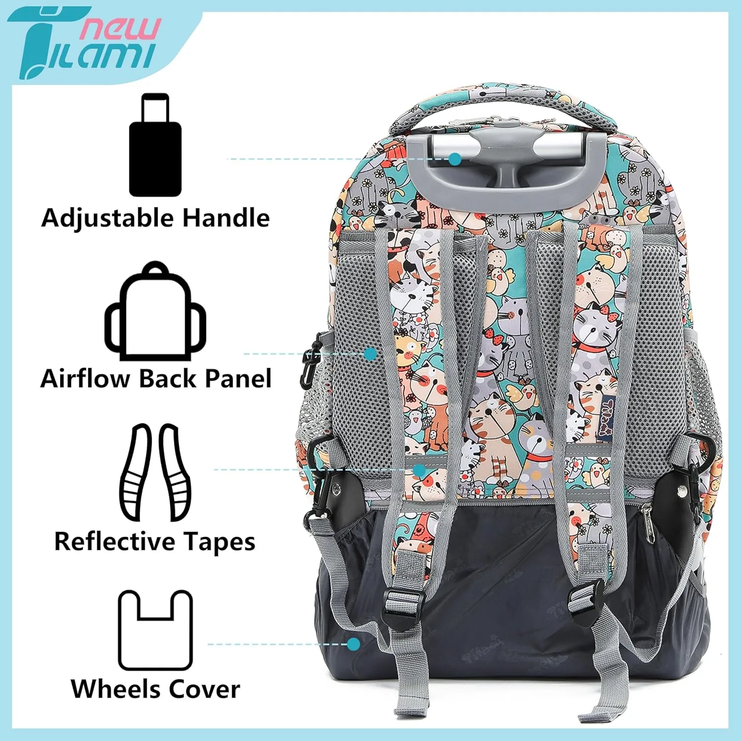 NEW TILAMI 16 Inches Rolling Backpack for Kids, Adjustable Laptop Kid Luggage Backpack with Wheels for Girl Boy to School Travel Camping Boys Rolling Backpack Cats Pattern