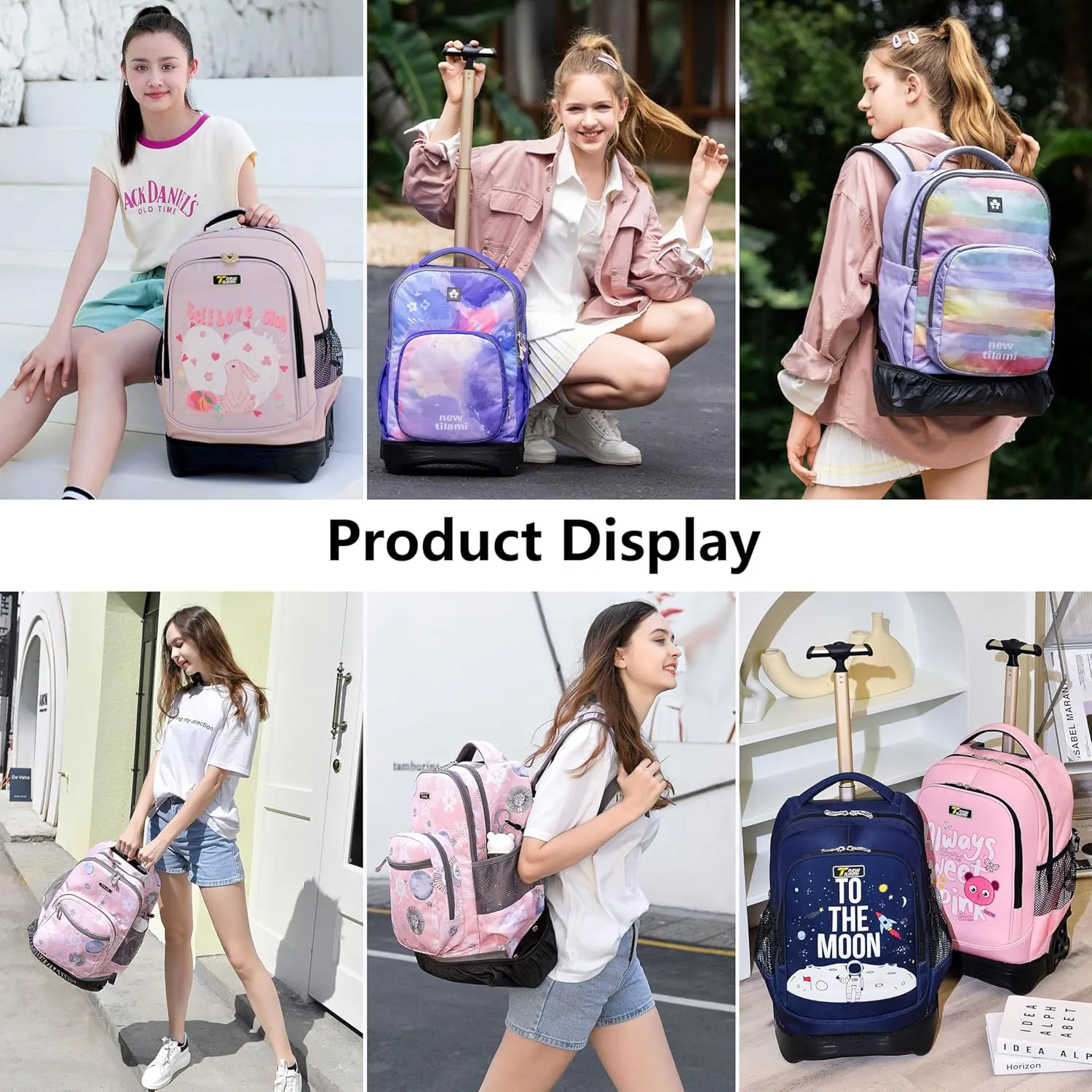 NEW TILAMI 18 Inch Rolling Backpack for kids Adjustable Strap Laptop Backpack Suitcase with Wheels for Girls Boys to School Travel Camping Rolling Backpack, Mood Map
