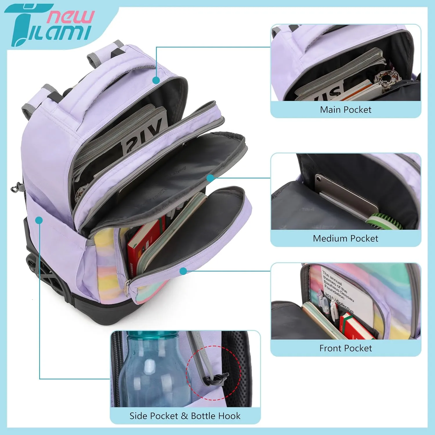 NEW TILAMI 18 Inch Rolling Backpack for kids Adjustable Strap Laptop Backpack Suitcase with Wheels for Girls Boys to School Travel Camping Rolling Backpack, Mood Map