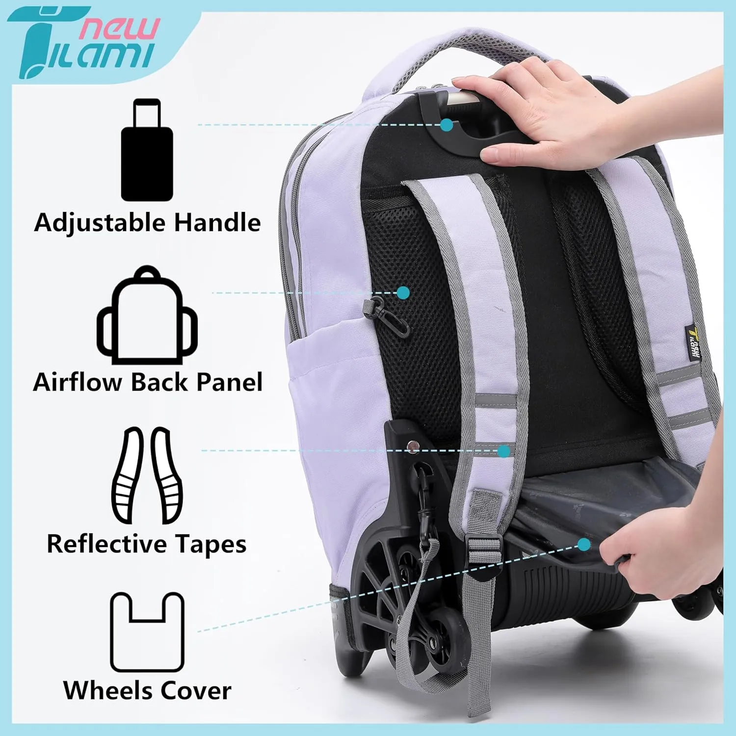 NEW TILAMI 18 Inch Rolling Backpack for kids Adjustable Strap Laptop Backpack Suitcase with Wheels for Girls Boys to School Travel Camping Rolling Backpack, Mood Map