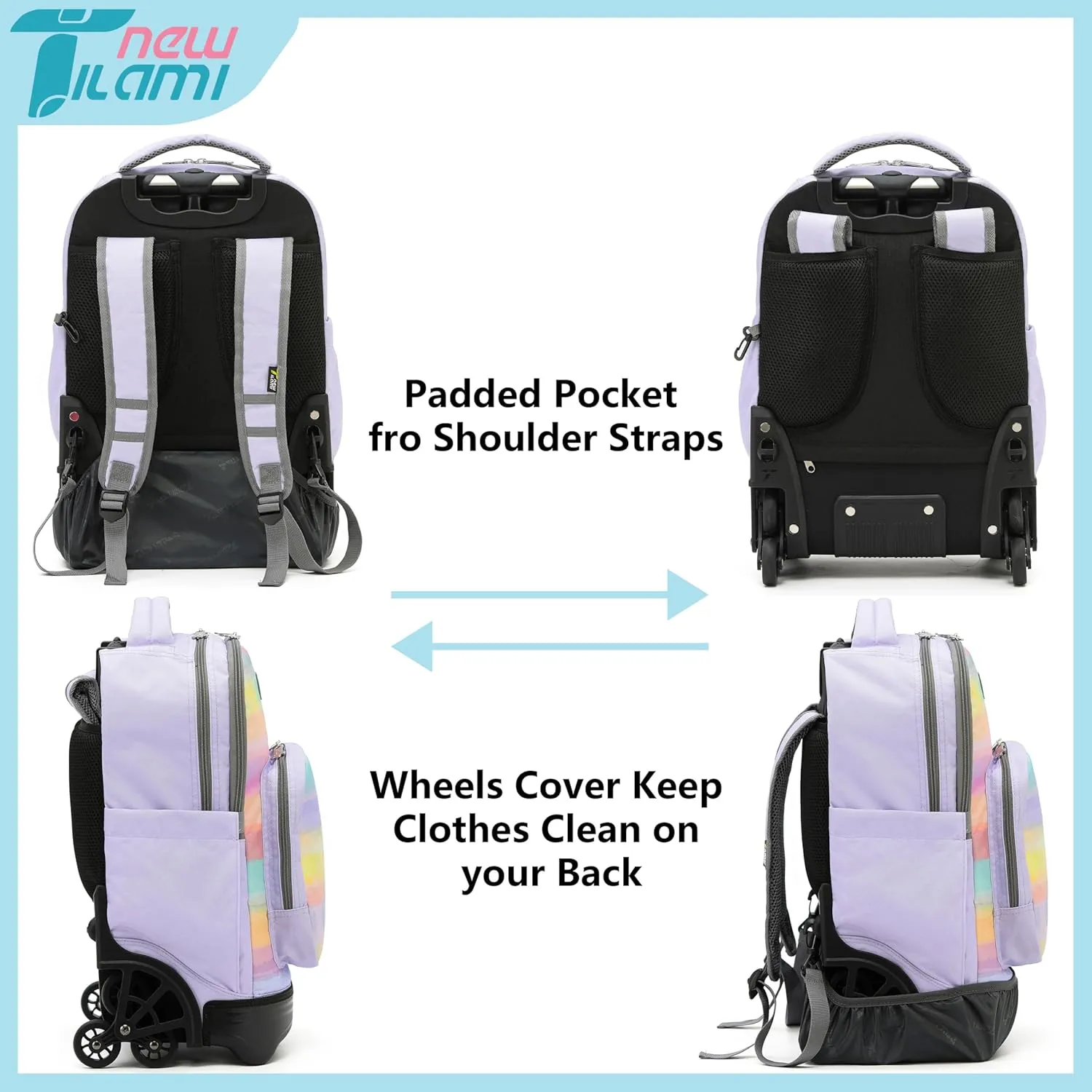 NEW TILAMI 18 Inch Rolling Backpack for kids Adjustable Strap Laptop Backpack Suitcase with Wheels for Girls Boys to School Travel Camping Rolling Backpack, Mood Map
