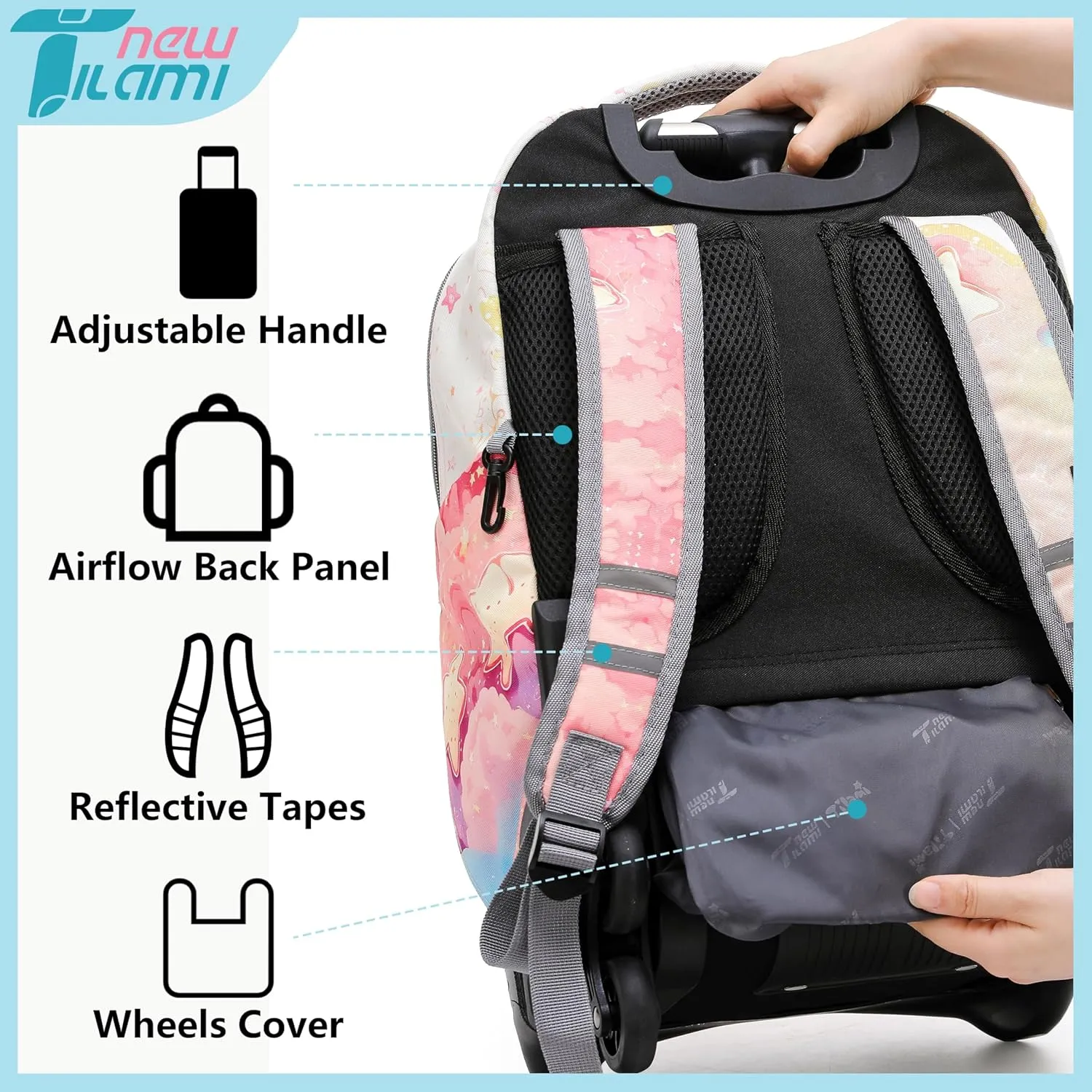 NEW TILAMI 18 Inch Rolling Backpack for kids Adjustable Strap Laptop Backpack Suitcase with Wheels for Girls Boys to School Travel Camping Rolling Backpack, Starshine