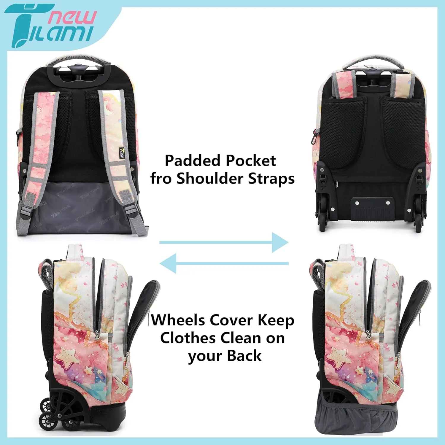 NEW TILAMI 18 Inch Rolling Backpack for kids Adjustable Strap Laptop Backpack Suitcase with Wheels for Girls Boys to School Travel Camping Rolling Backpack, Starshine