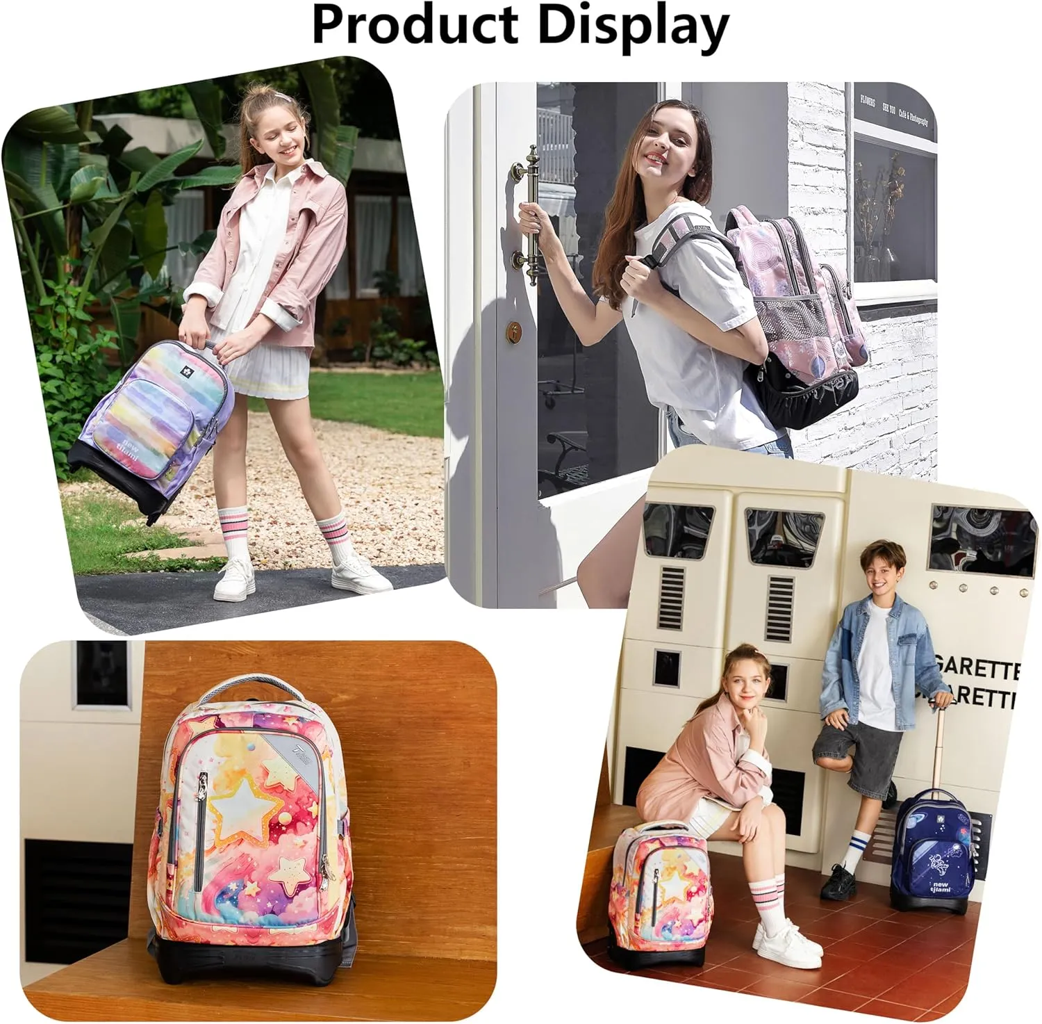 NEW TILAMI 18 Inch Rolling Backpack for kids Adjustable Strap Laptop Backpack Suitcase with Wheels for Girls Boys to School Travel Camping Rolling Backpack, Starshine