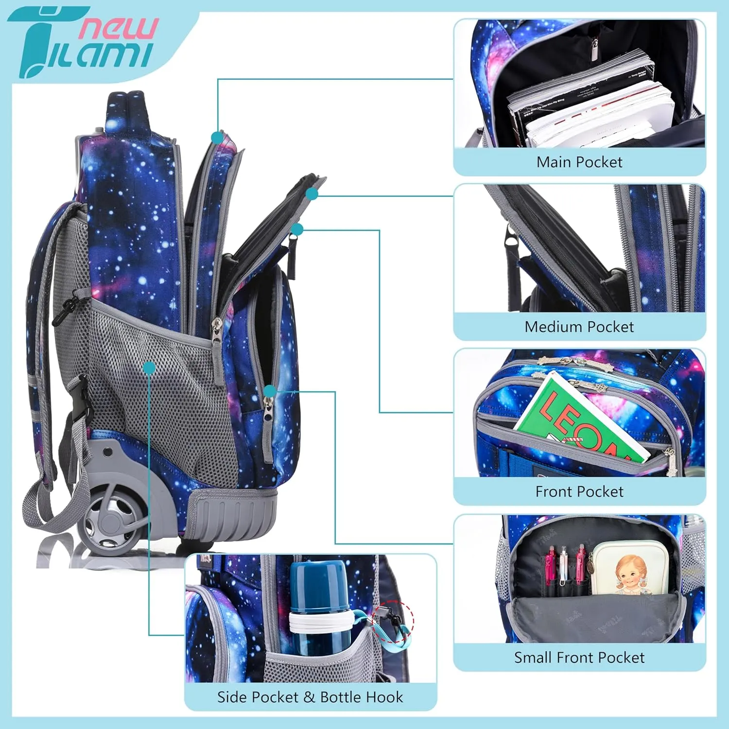 NEW TILAMI Rolling Backpack for Kids 18 Inch Wheeled Laptop Backpack Kids School Travel