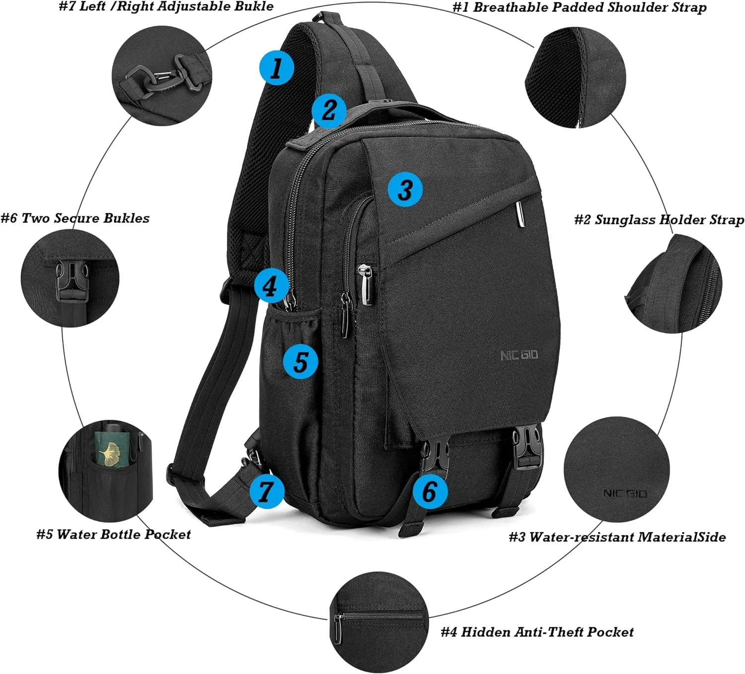 NICGID Sling Bag Backpack, 13.3'' 14.1'' Laptop Bag Crossbody Shoulder Chest Backpacks Travel Outdoors for Men Women