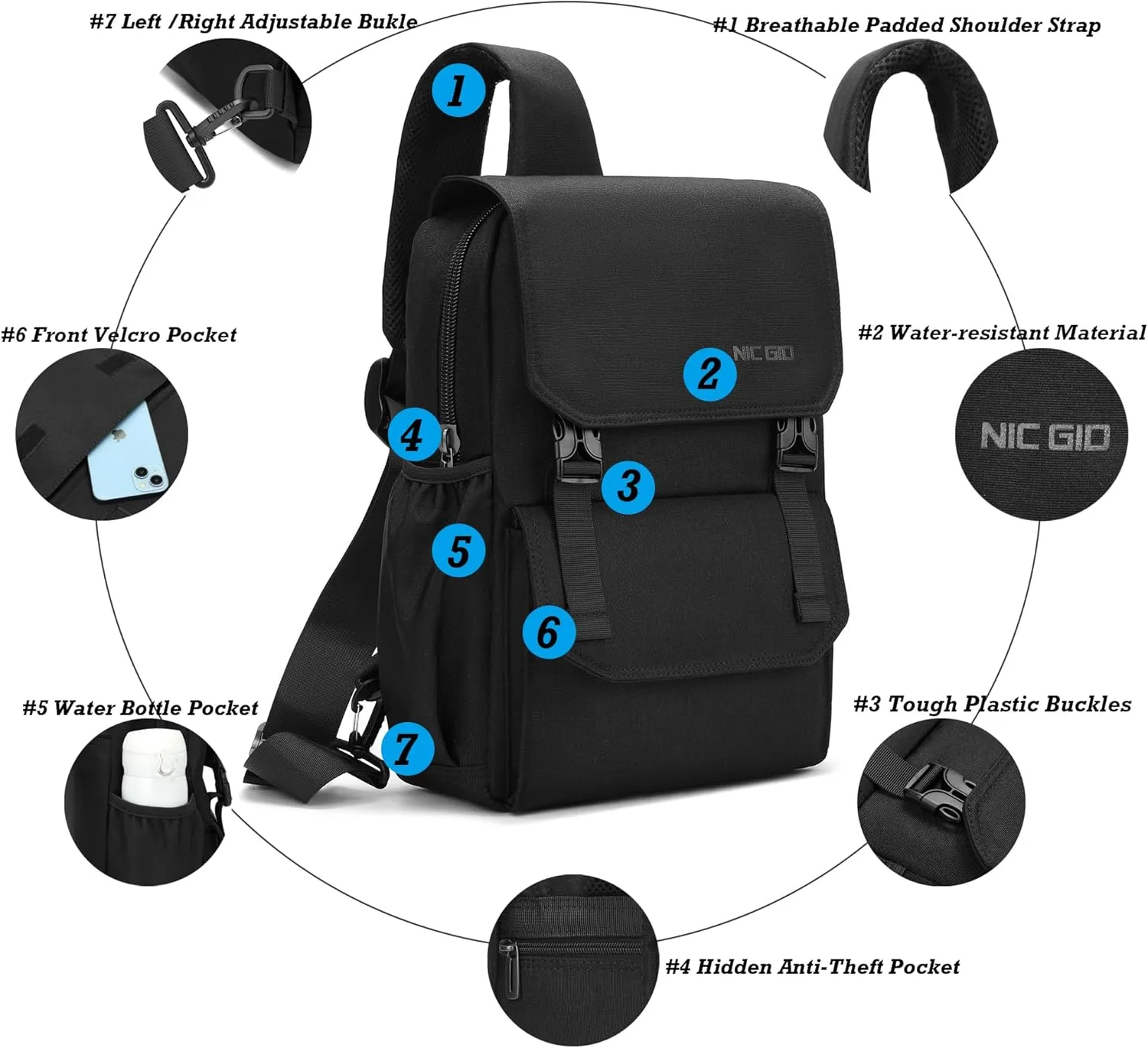 NICGID Sling Bag Backpack, 13.3'' 14.1'' Laptop Bag Crossbody Shoulder Chest Backpacks Travel Outdoors for Men Women