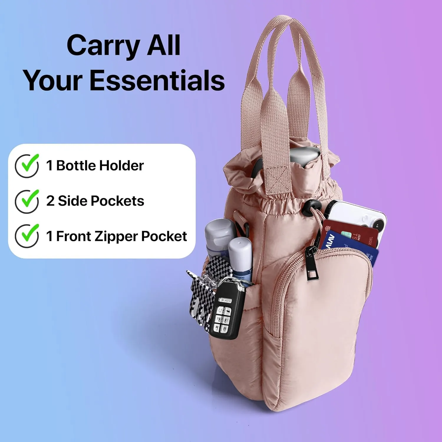 Nollia Black Quilted Nylon Water Bottle Holder Sling Bag, Reusable Bottle Carrier Bag, Card Slot and Phone Pocket