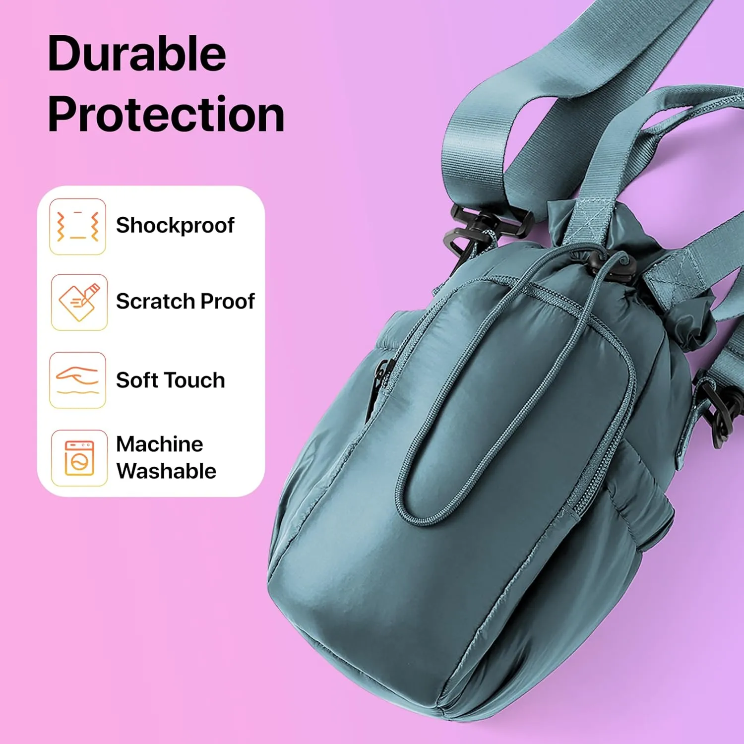 Nollia Black Quilted Nylon Water Bottle Holder Sling Bag, Reusable Bottle Carrier Bag, Card Slot and Phone Pocket