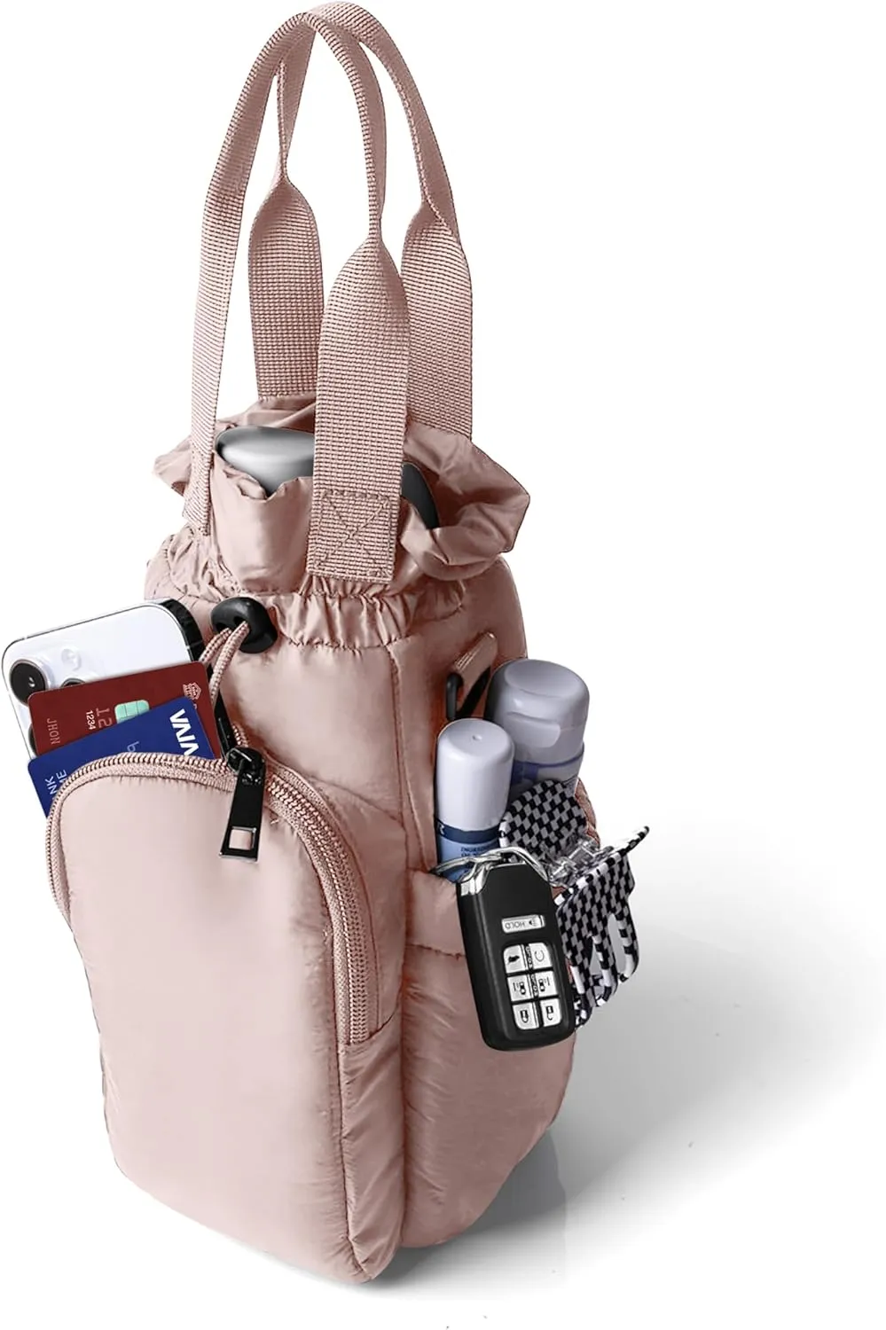 Nollia Black Quilted Nylon Water Bottle Holder Sling Bag, Reusable Bottle Carrier Bag, Card Slot and Phone Pocket
