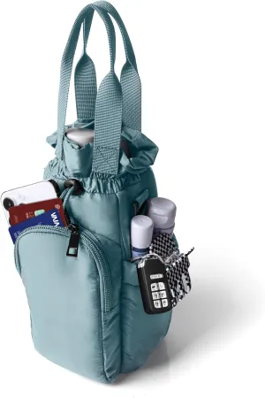 Nollia Black Quilted Nylon Water Bottle Holder Sling Bag, Reusable Bottle Carrier Bag, Card Slot and Phone Pocket