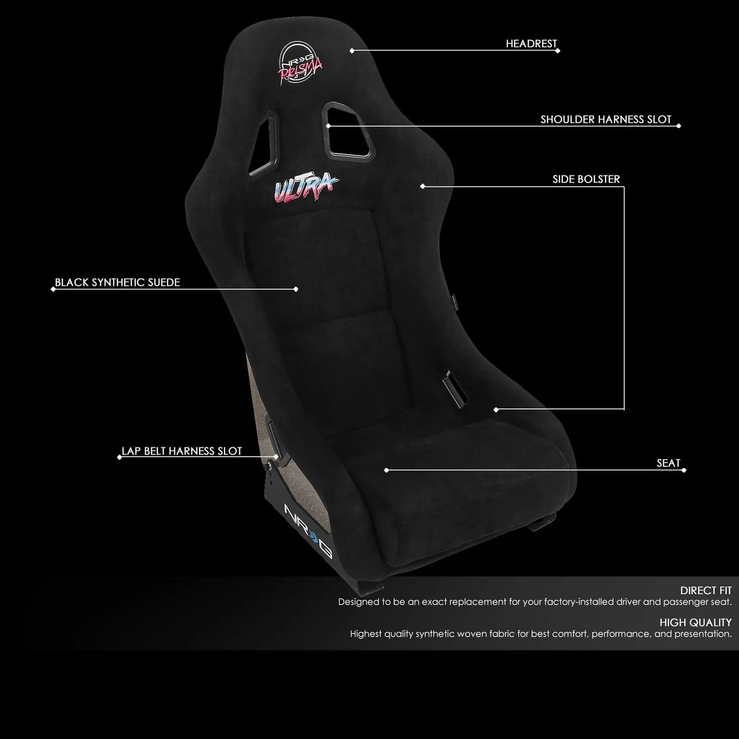 NRG Innovations NRG-FRP-303BK-ULTRA Universal Fixed Back Bucket Racing Seat with Side Mount Adapters for 6-Point Harnesses, Size M, Black Seat Cover, 22" W X 34" H X 21" D