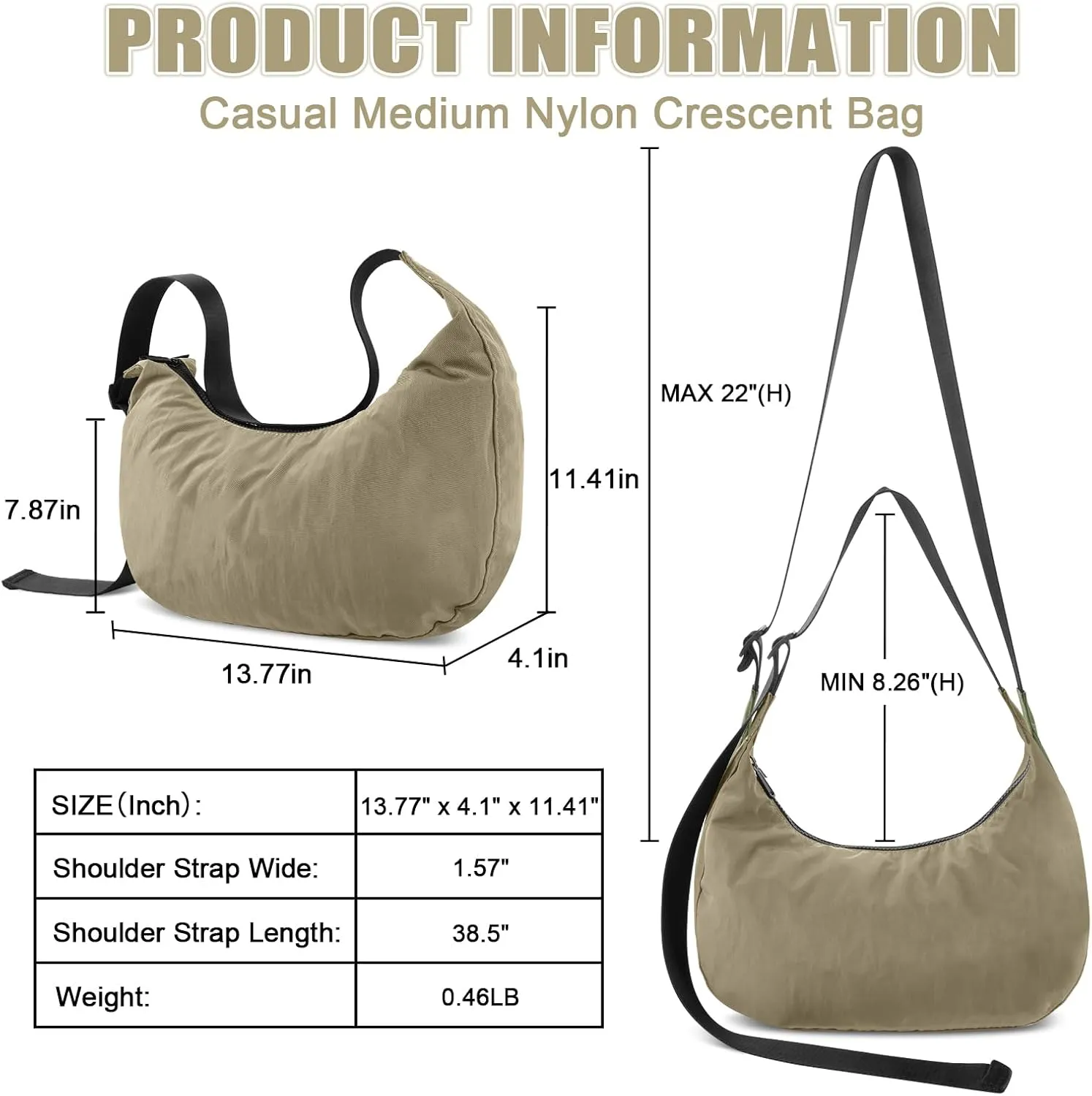Nylon Crescent Bag Medium Crossbody Shoulder Bag with Adjustable Strap, Large Capacity Casual Waterproof Sling Bag for Women