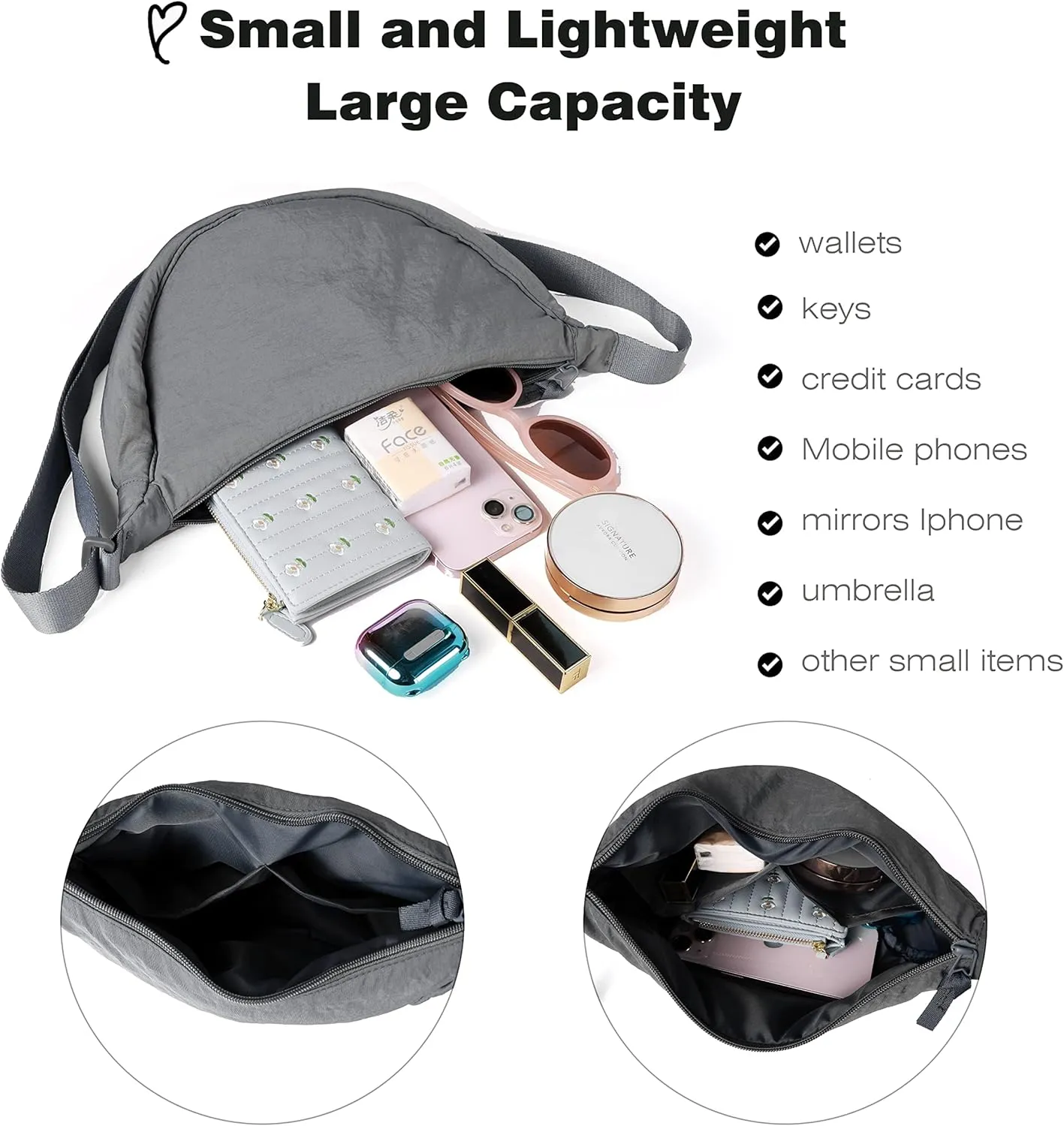 Nylon Crescent Crossbody Bag for Women Men Fanny Pack Crossbody Bag Dumpling Lightweight Travel Sling Bag