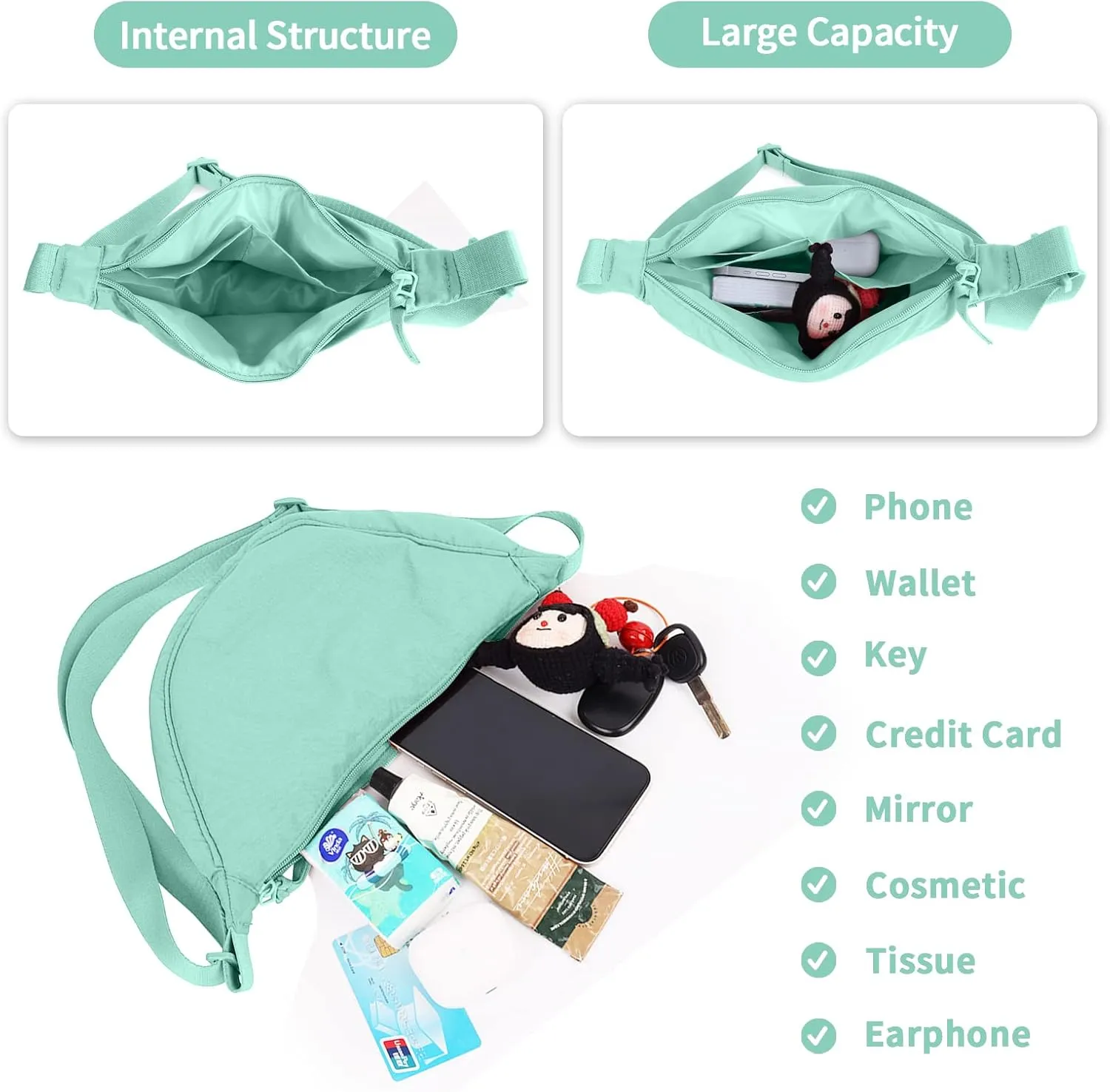 Nylon Crescent Crossbody Bag for Women Purses Trendy Men,Small Travel Sling Bag Hobo