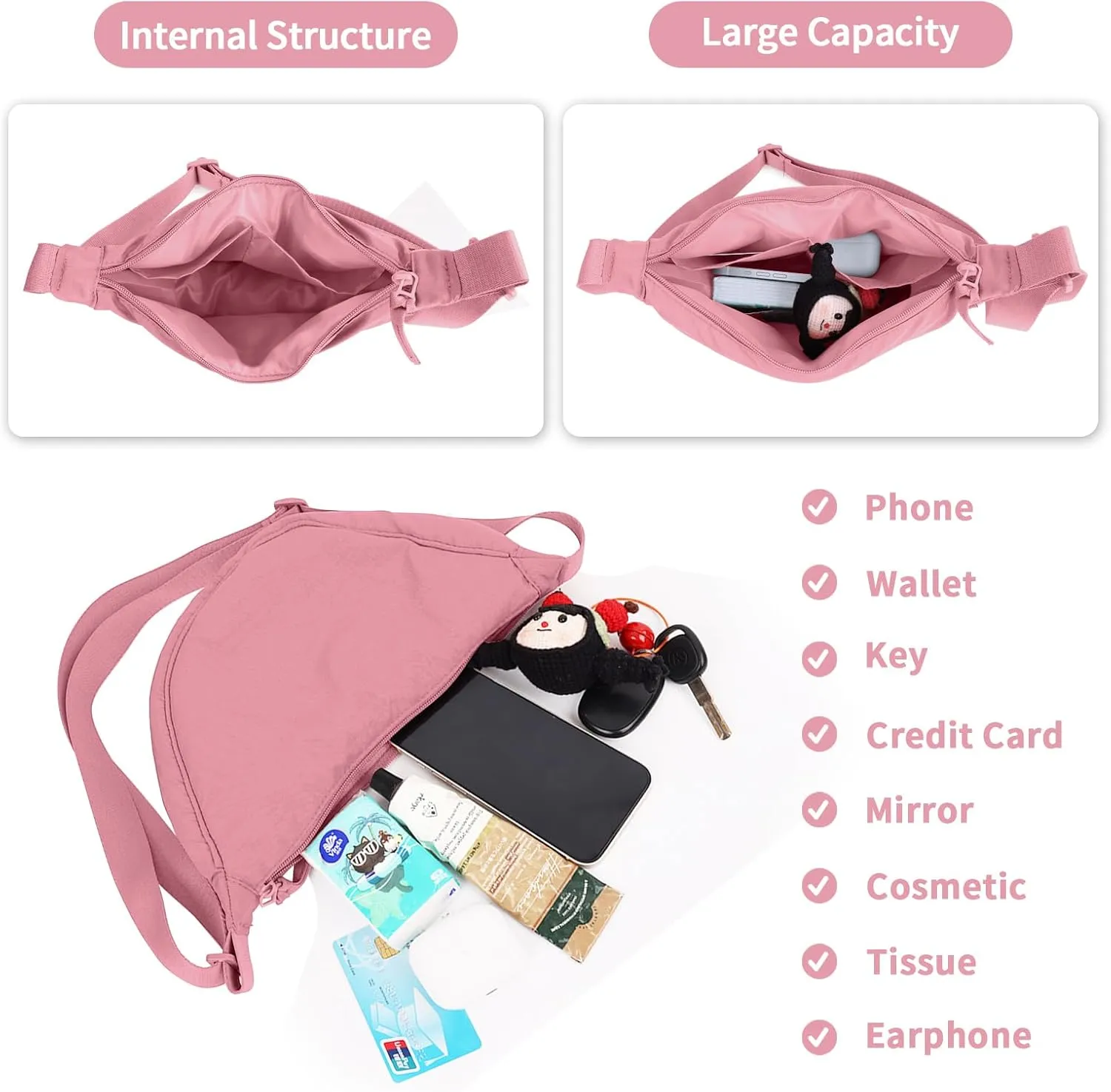 Nylon Crescent Crossbody Bag for Women Purses Trendy Men,Small Travel Sling Bag Hobo