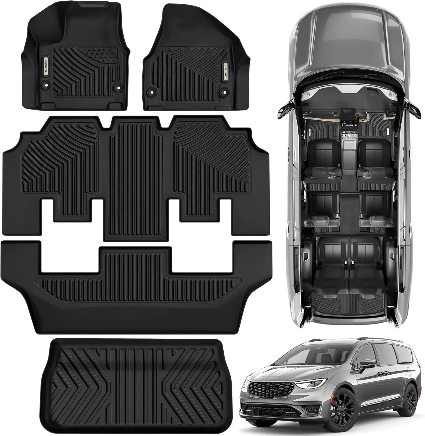 OEDRO Floor Mats & Cargo Mat Fit for Chrysler Pacifica 2017-2025 (No Hybrid Models), Fit 7 and 8 Passenger Model, Fit 2020-2025 Voyager Custom All-Weather Protection Full Set TPE Floor Liners