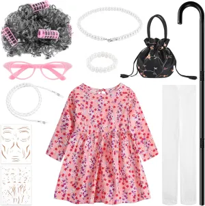 Old Lady Costume Include Wig Floral Skirt Pantyhose Bucket Bag Glasses Chain Cane for 100th Day of School Dress Up