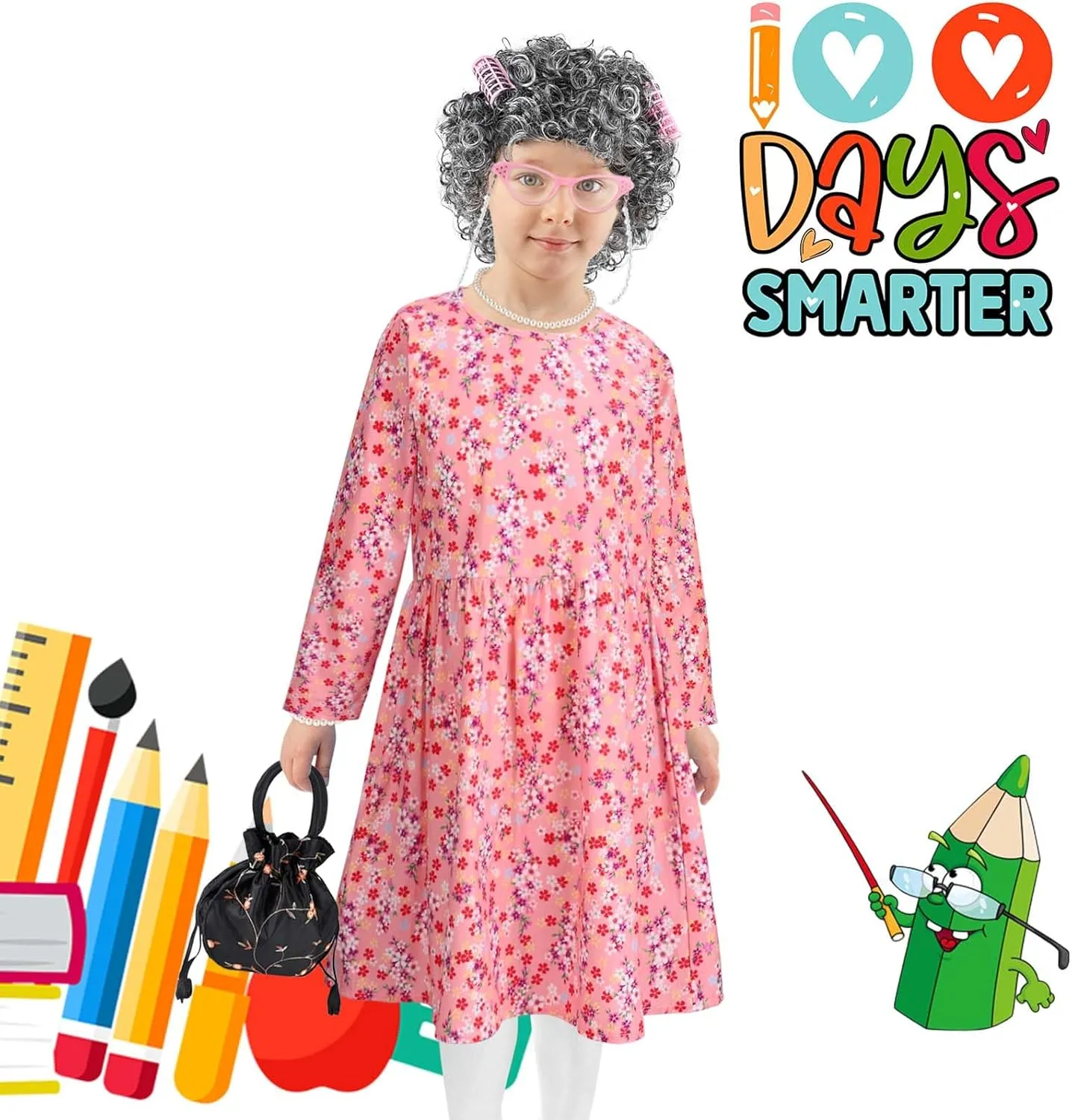 Old Lady Costume Include Wig Floral Skirt Pantyhose Bucket Bag Glasses Chain Cane for 100th Day of School Dress Up