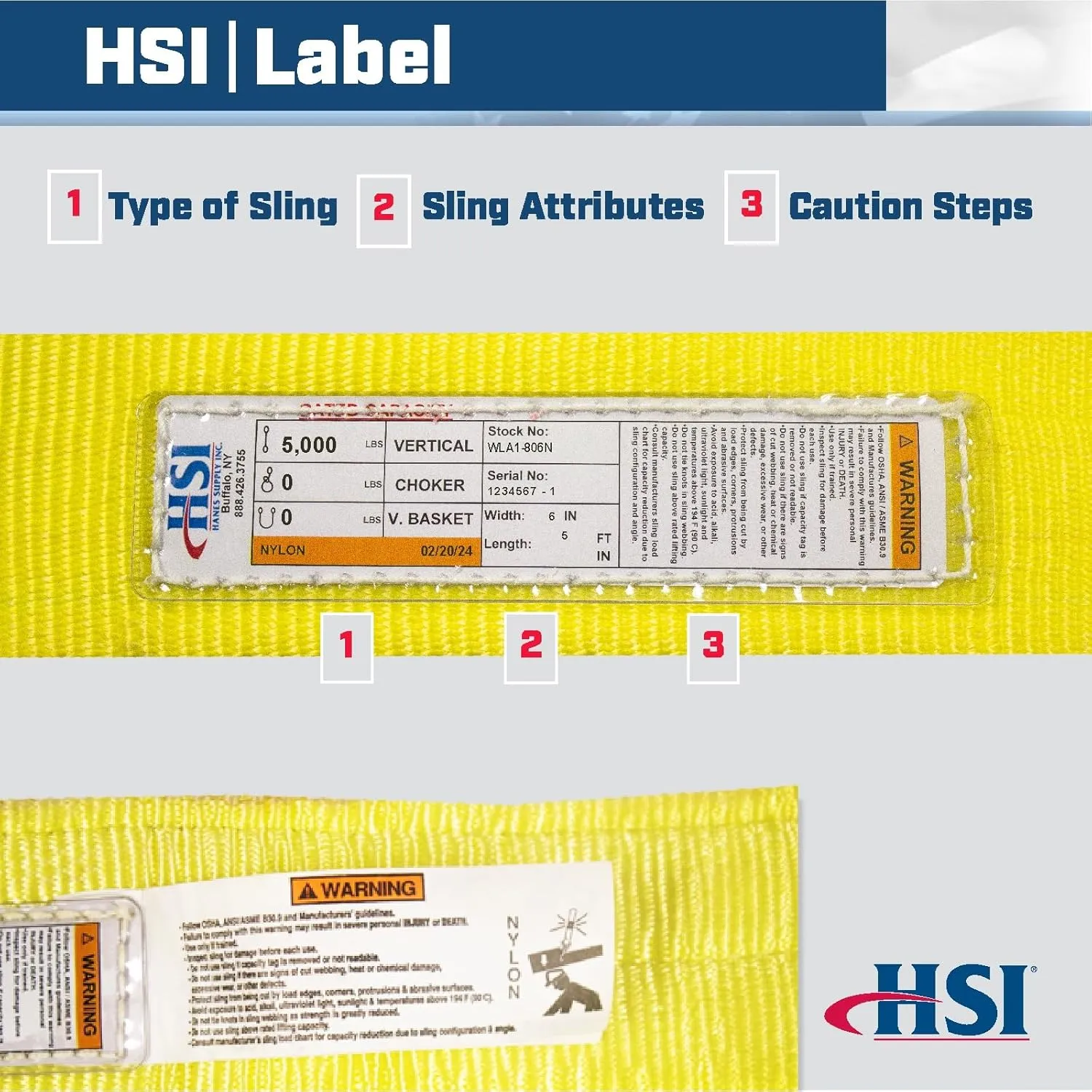 One Ply 6" x 5' Attached Eye Nylon Type 9 Sling | WLA1-806N | 6" Eye Length | 5,000 Lb. Vertical Capacity | Hanes Supply (HSI) Heavy Duty Rigging Equipment for Lifting and Towing