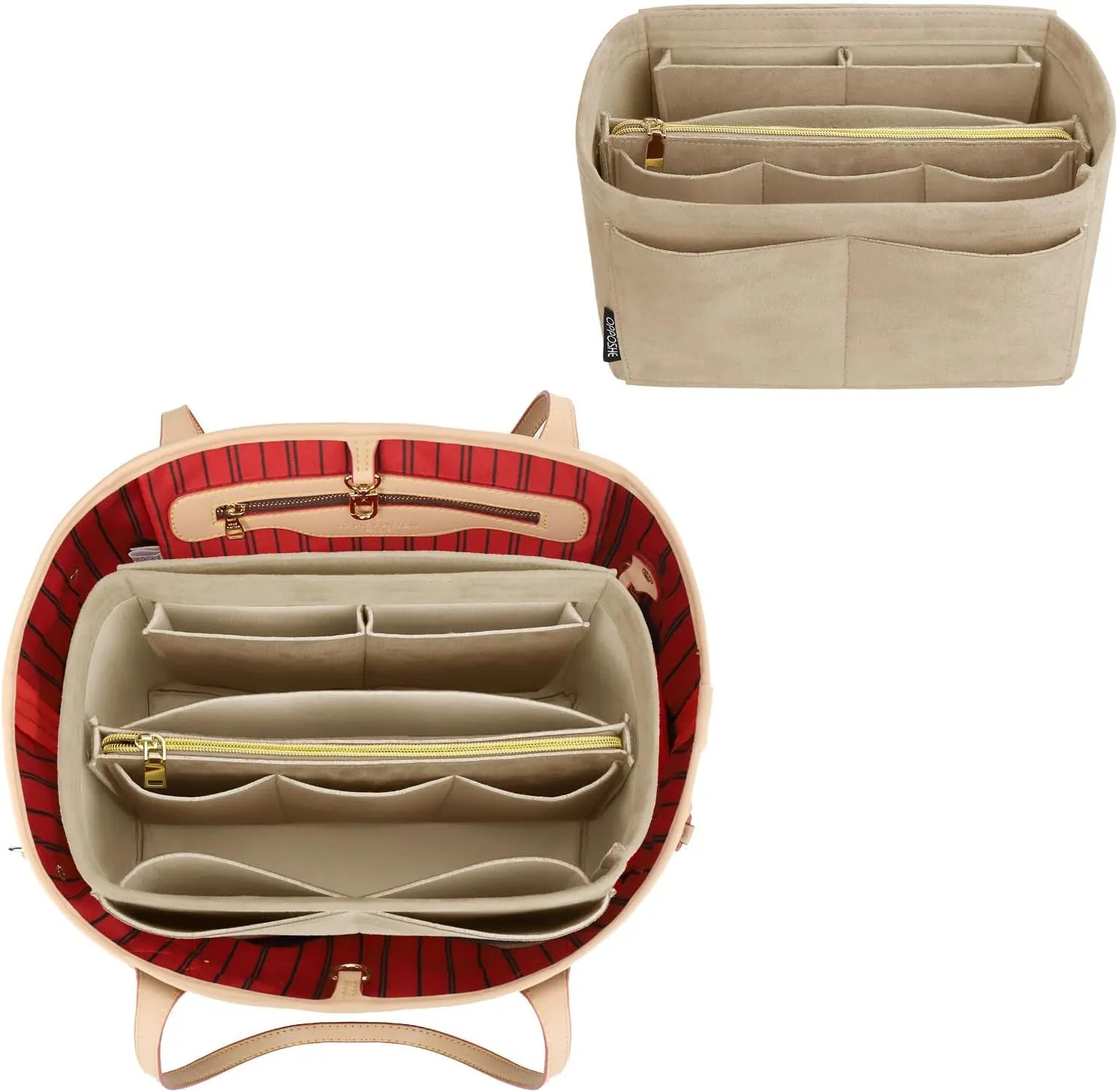 OPPOSHE Suede Purse Organizer Insert for Tote Bag, Sturdy Felt Bag Insert Organizer for Handbags, Purse Organizers With Zipper, Compatible with Neverfull Speedy and More, Beige Large
