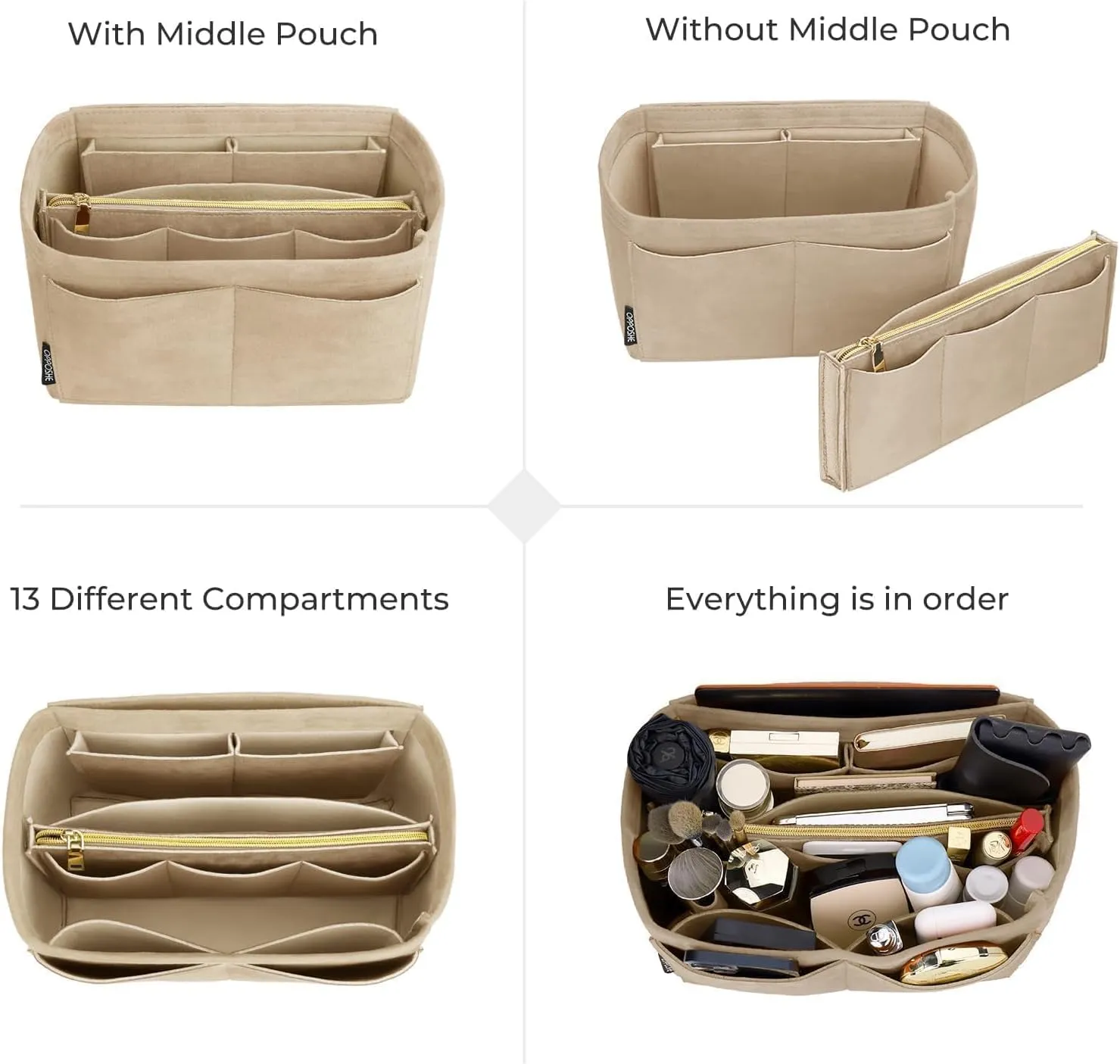 OPPOSHE Suede Purse Organizer Insert for Tote Bag, Sturdy Felt Bag Insert Organizer for Handbags, Purse Organizers With Zipper, Compatible with Neverfull Speedy and More, Beige Large