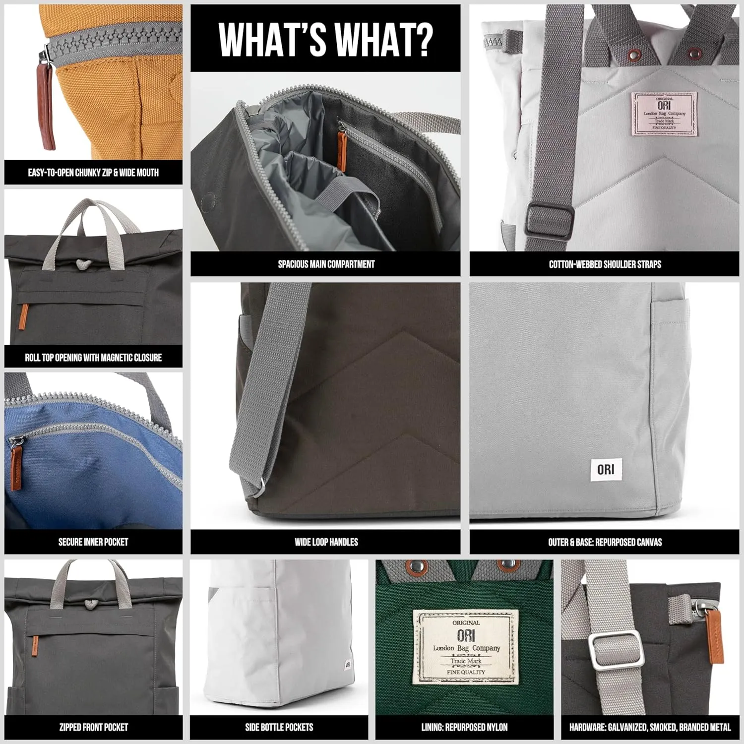 ORI LONDON Rolltop Backpack - Large Travel Backpack with Lots of Pockets for Men & Women - The Finchley, Burnt Blue