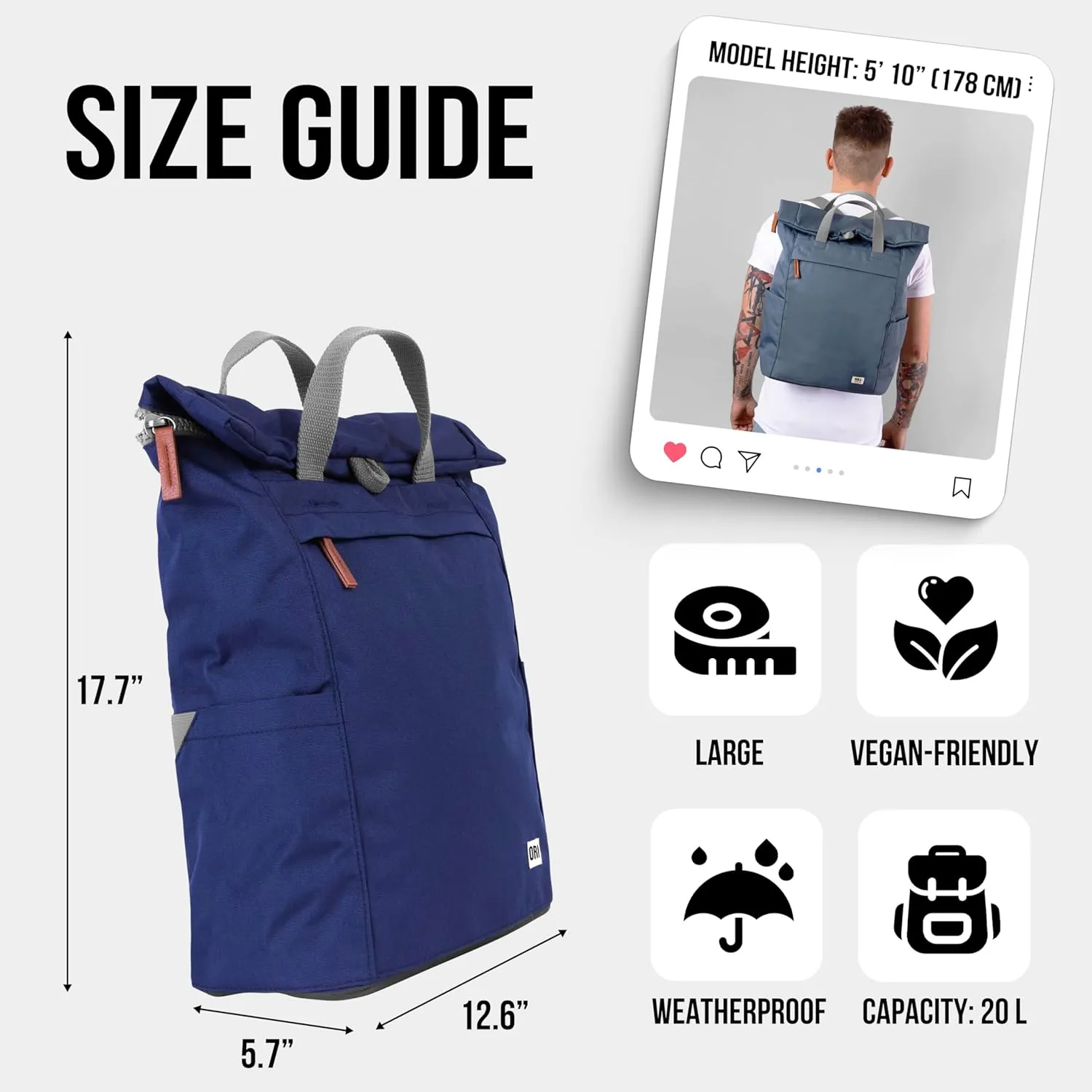 ORI LONDON Rolltop Backpack - Large Travel Backpack with Lots of Pockets for Men & Women - The Finchley, Burnt Blue