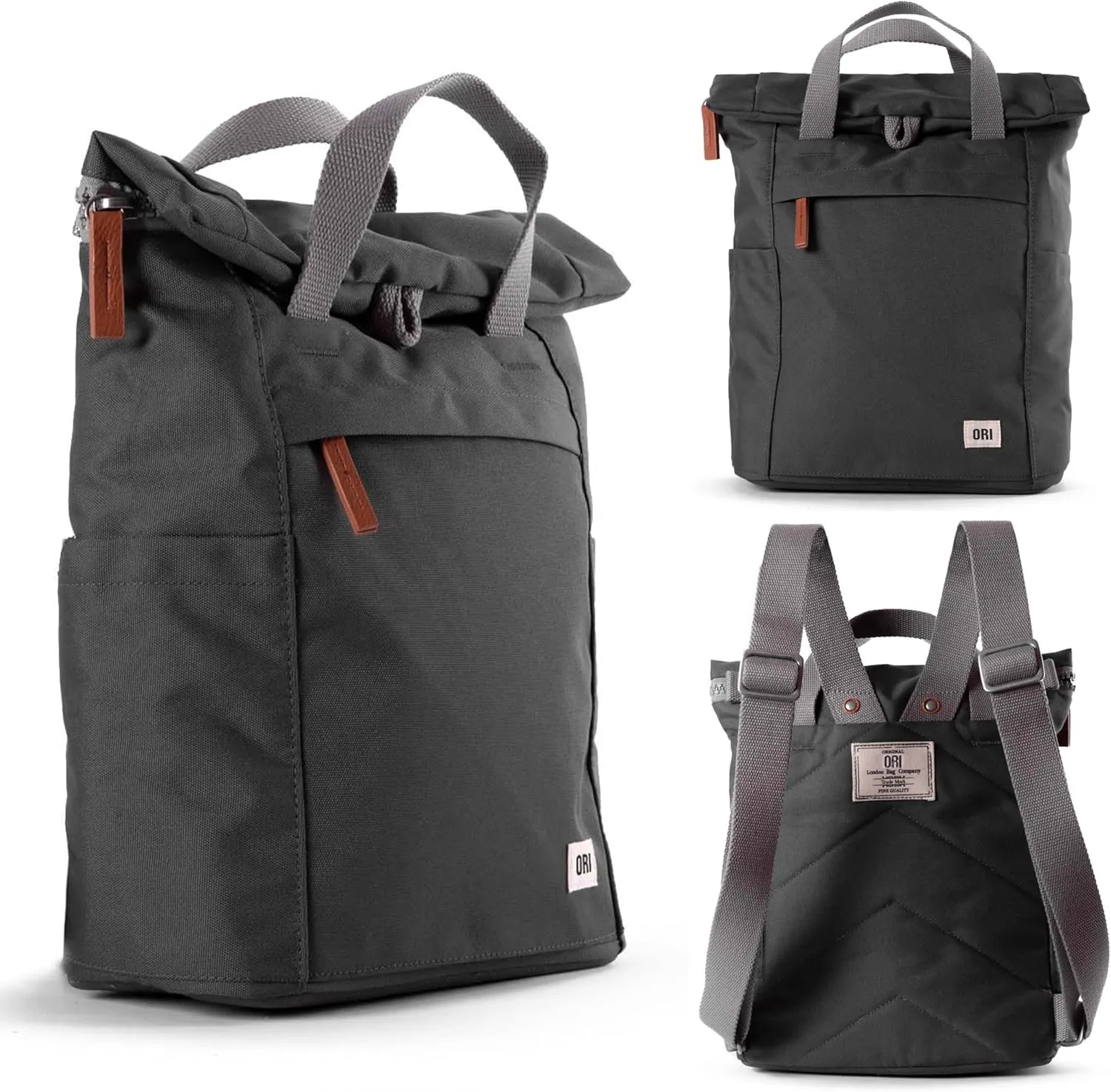 ORI LONDON Rolltop Backpack - Small Travel Backpack with Lots of Pockets for Men & Women - The Finchley, Carbon