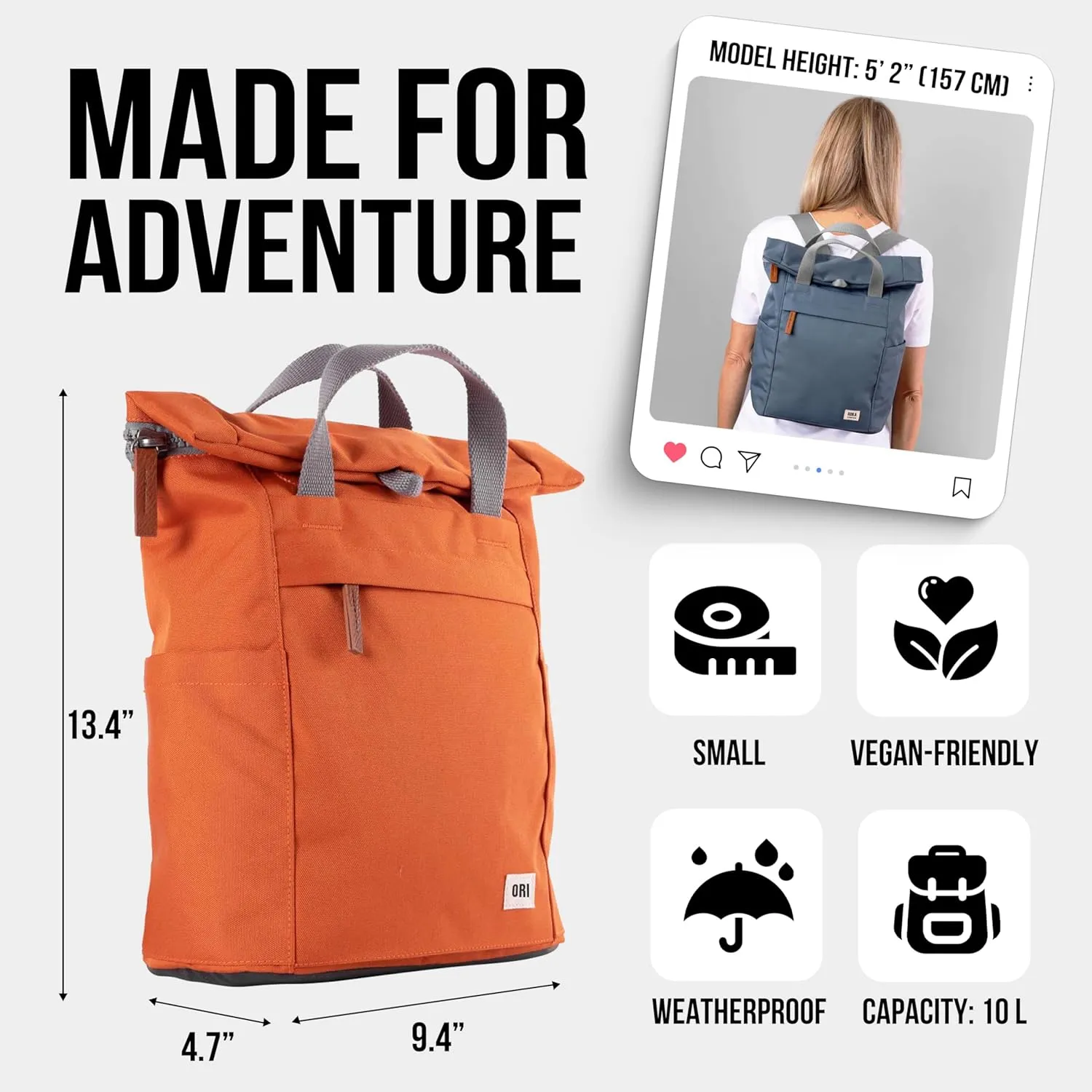 ORI LONDON Rolltop Backpack - Small Travel Backpack with Lots of Pockets for Men & Women - The Finchley, Carbon