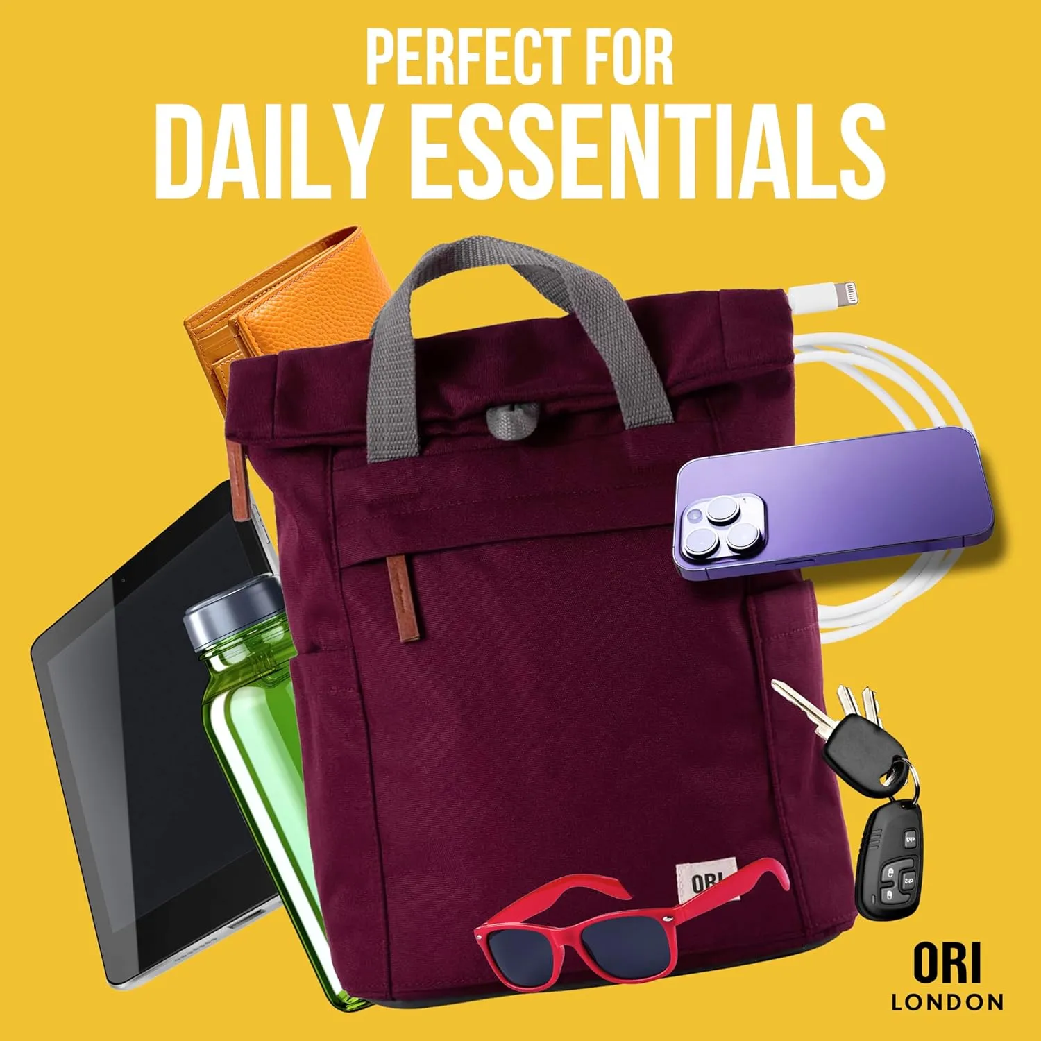 ORI LONDON Rolltop Backpack - Small Travel Backpack with Lots of Pockets for Men & Women - The Finchley, Carbon
