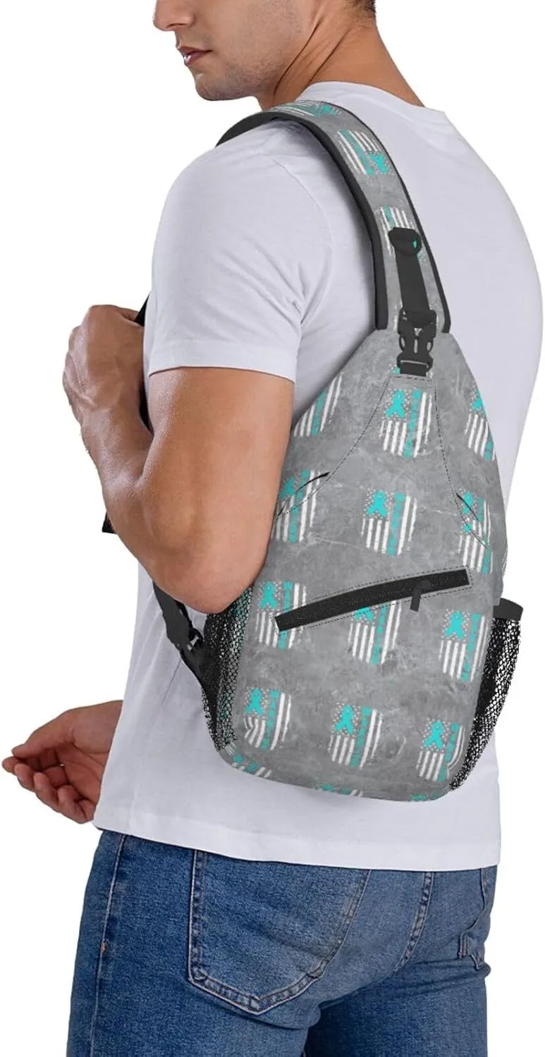Ovarian Cancer Awareness American Flag Survivor Sling Bag Crossbody Backpack Shoulder Casual Daypack Bag for Men Women