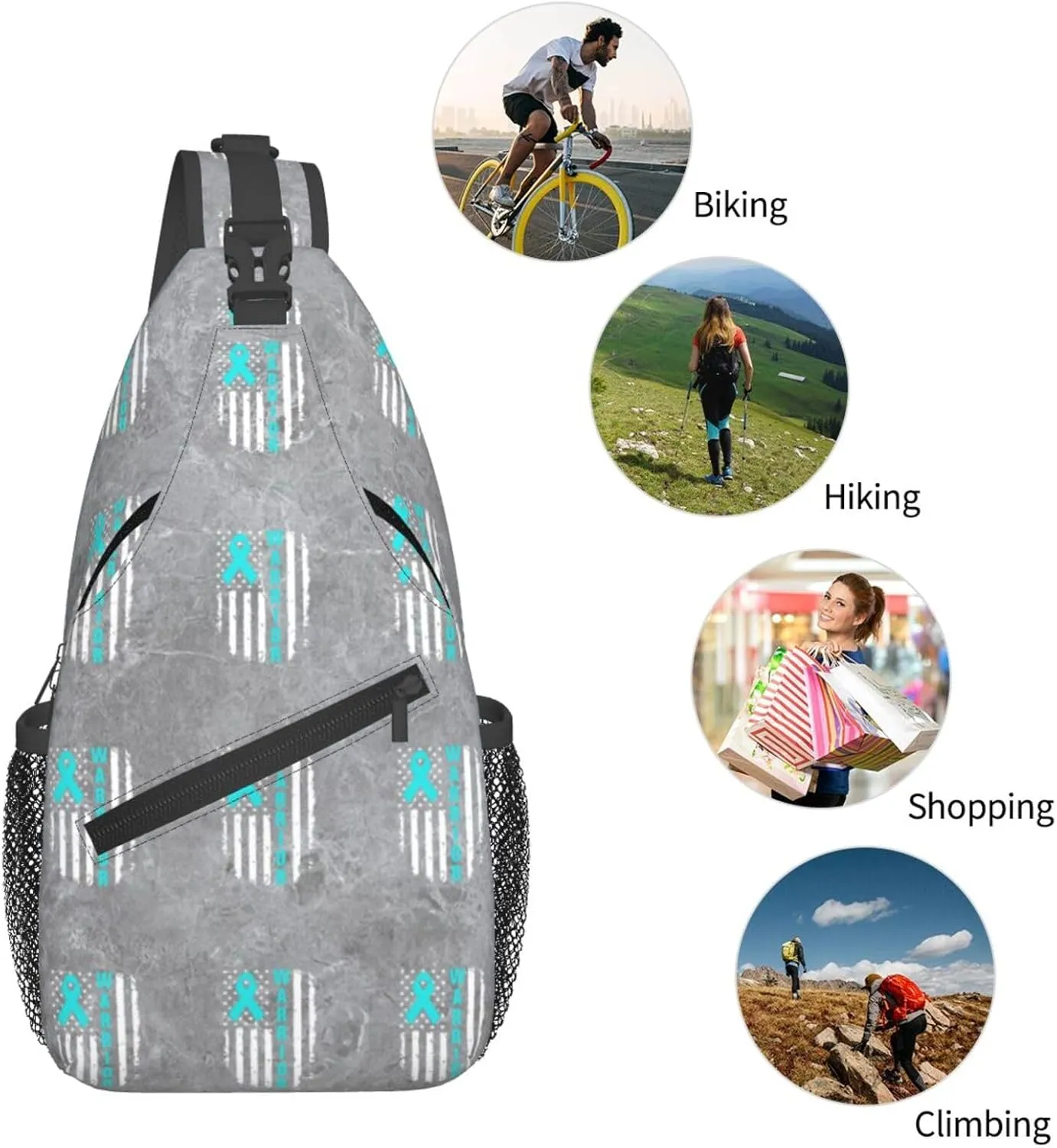 Ovarian Cancer Awareness American Flag Survivor Sling Bag Crossbody Backpack Shoulder Casual Daypack Bag for Men Women
