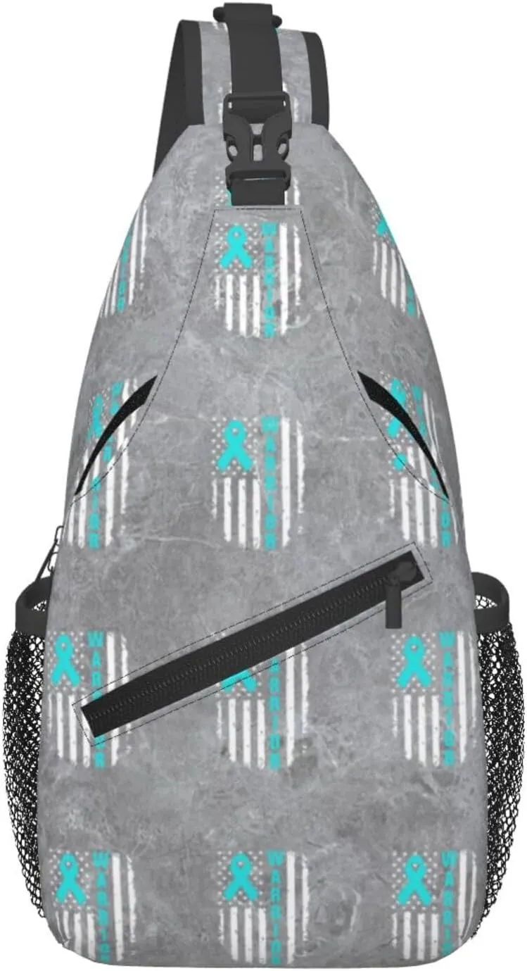 Ovarian Cancer Awareness American Flag Survivor Sling Bag Crossbody Backpack Shoulder Casual Daypack Bag for Men Women