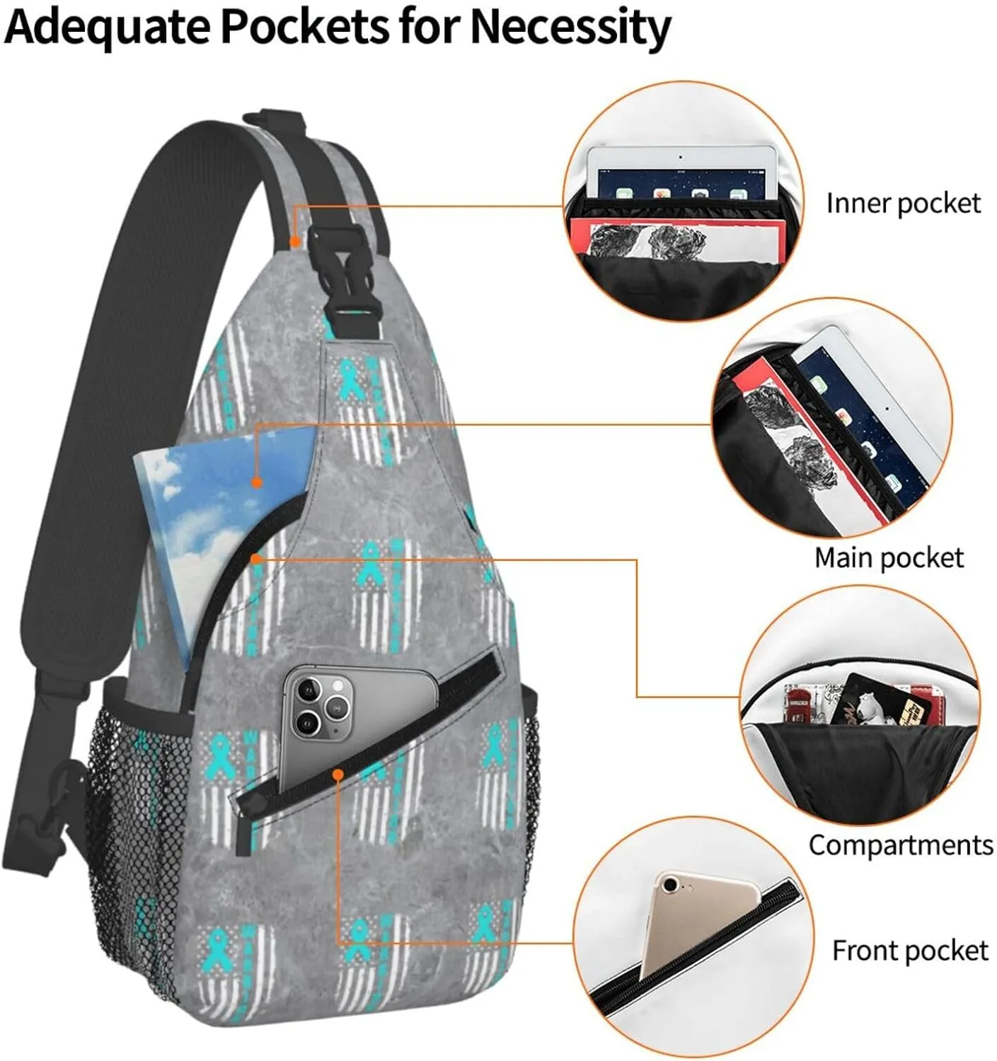 Ovarian Cancer Awareness American Flag Survivor Sling Bag Crossbody Backpack Shoulder Casual Daypack Bag for Men Women