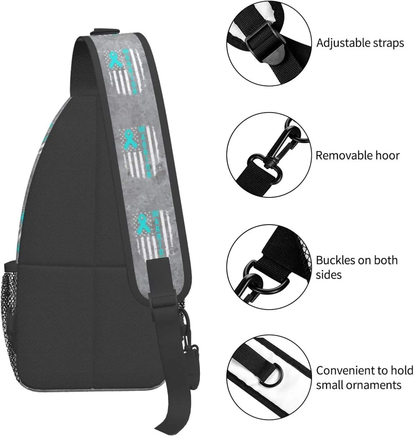 Ovarian Cancer Awareness American Flag Survivor Sling Bag Crossbody Backpack Shoulder Casual Daypack Bag for Men Women
